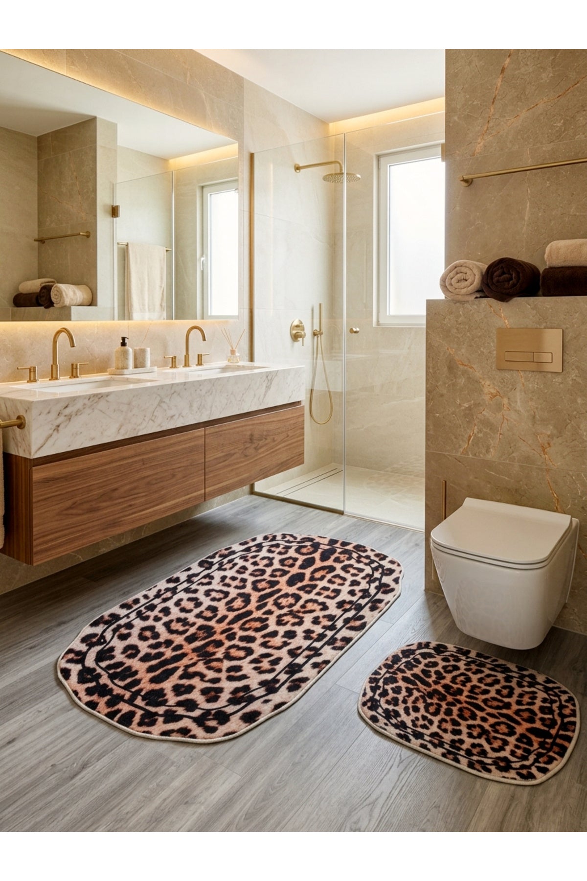 2'li Leopar Desen Lateks Taban Banyo Paspası (70x110-45x55)