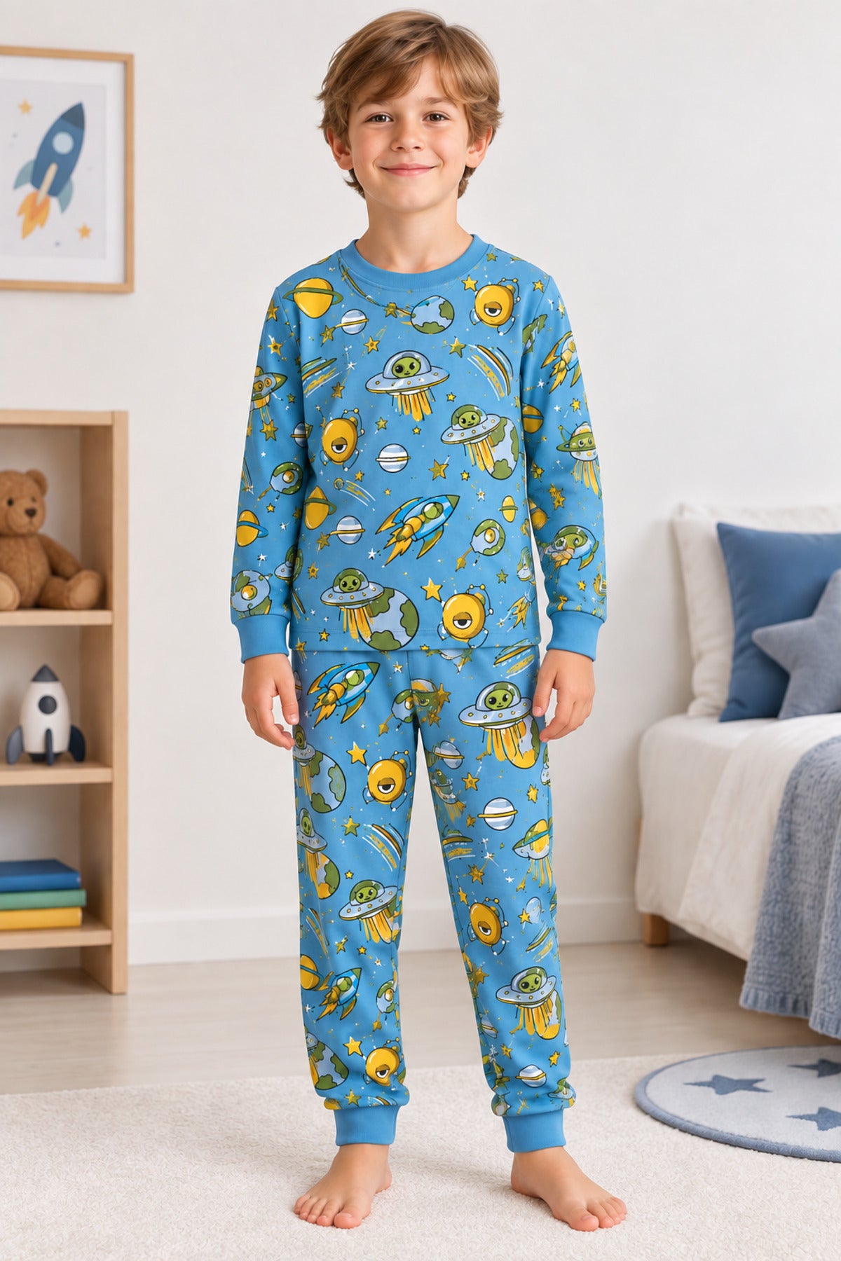 Erkek çocuk %100 pamuklu elmas kids mavi uzay gezegen desenli uzun kollu pijama takımı