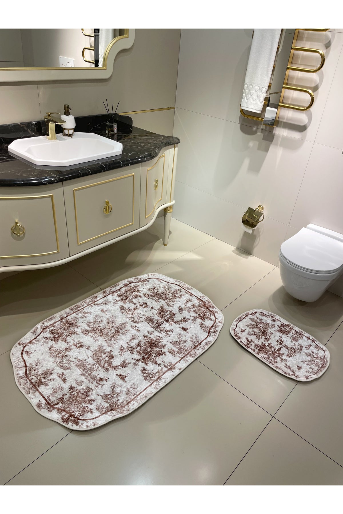 Toile de Jouy Temalı Tekli Lateks Taban Banyo Paspası (80X120)