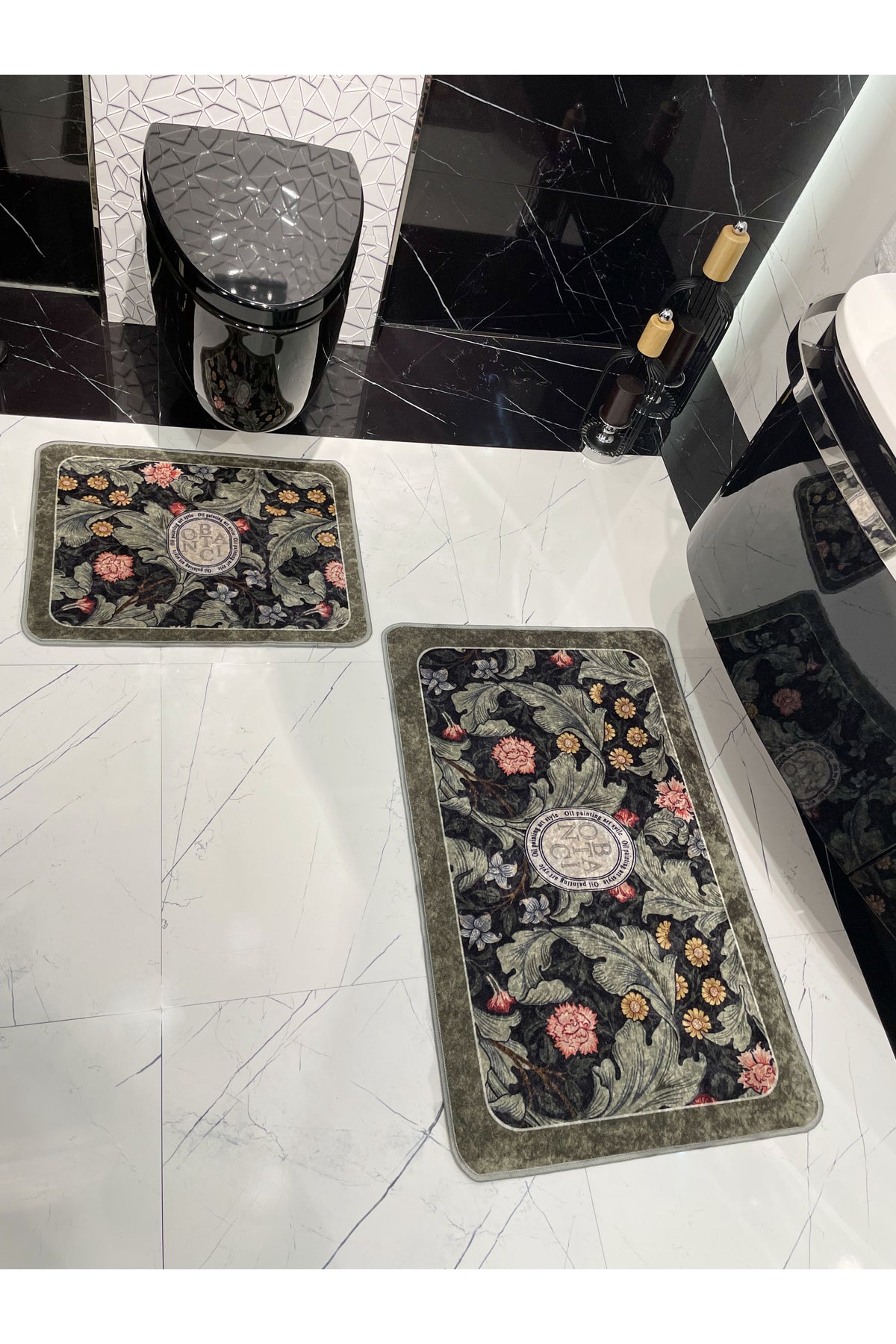 2 li Çiçek Desenli 60x100 - 60x50 Botanic Lateks Taban Banyo Paspas
