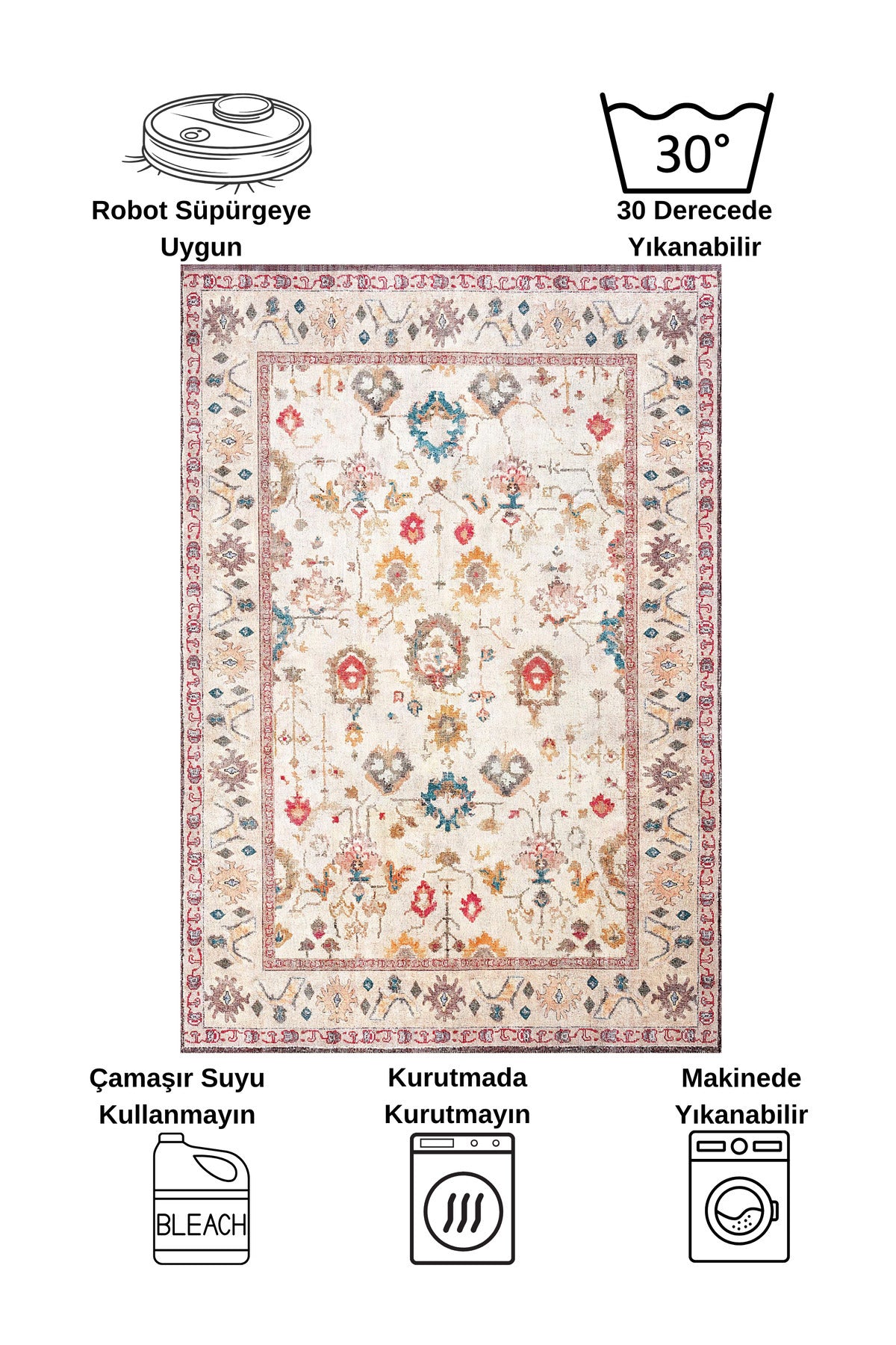 Bej RenkVintage Eskitme Görünümlü Lateks Taban Halı