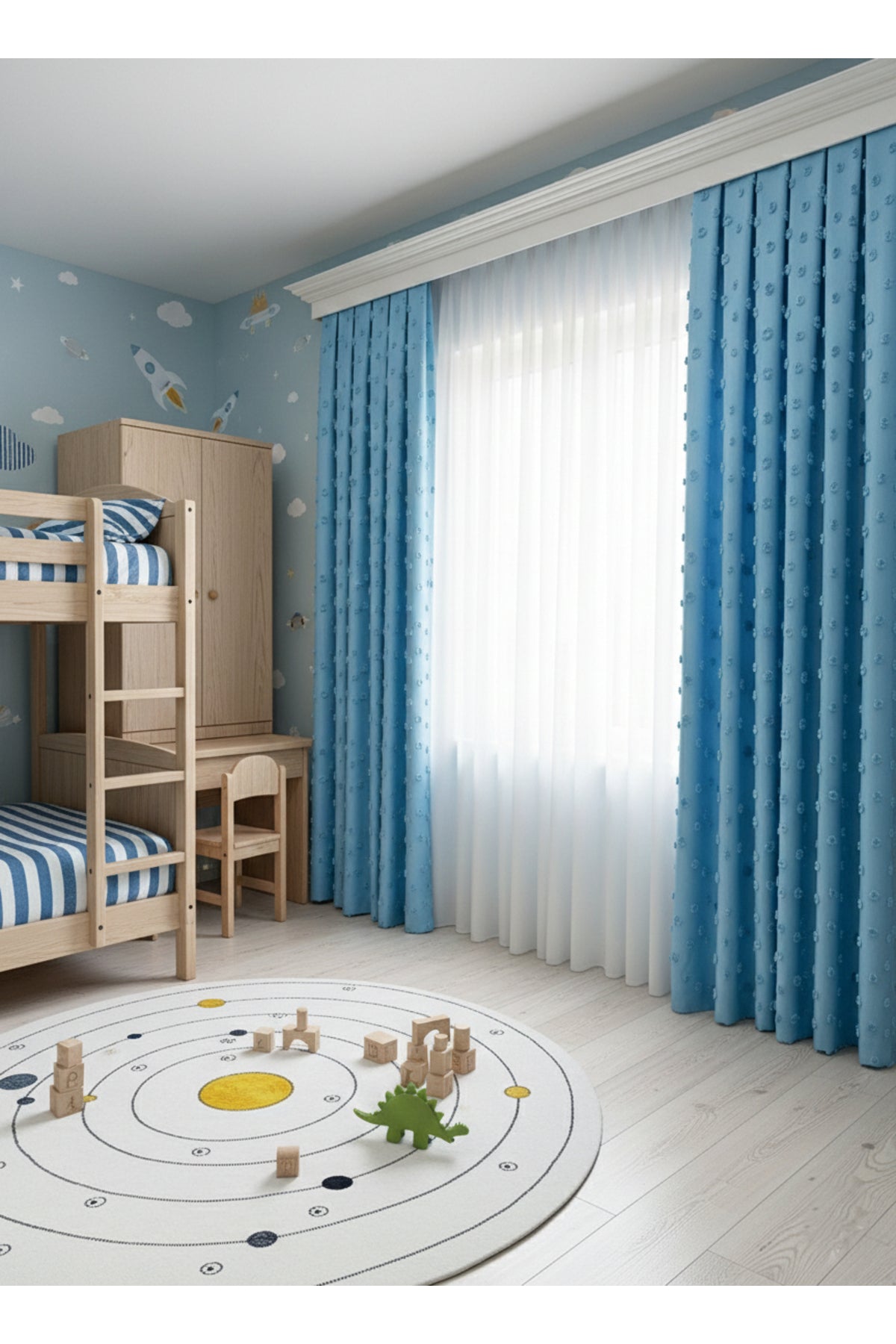 Mavi Renk Çocuk Odası Ponponlu Pufy Fon Perde 1/3 SIK Pile