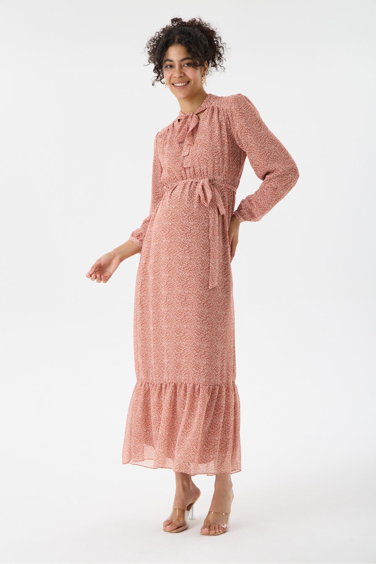 M0015-Yaka Bağlamalı Çiçek Desen Maxi Hamile Elbise