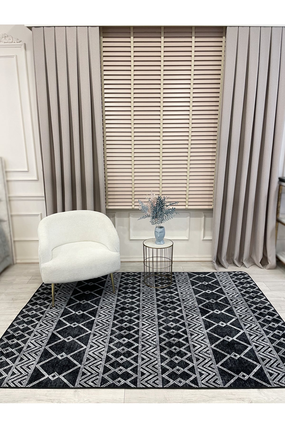 Gri Siyah İskandinav Tarzı Kilim Desenli Yolluk Lateks Halı