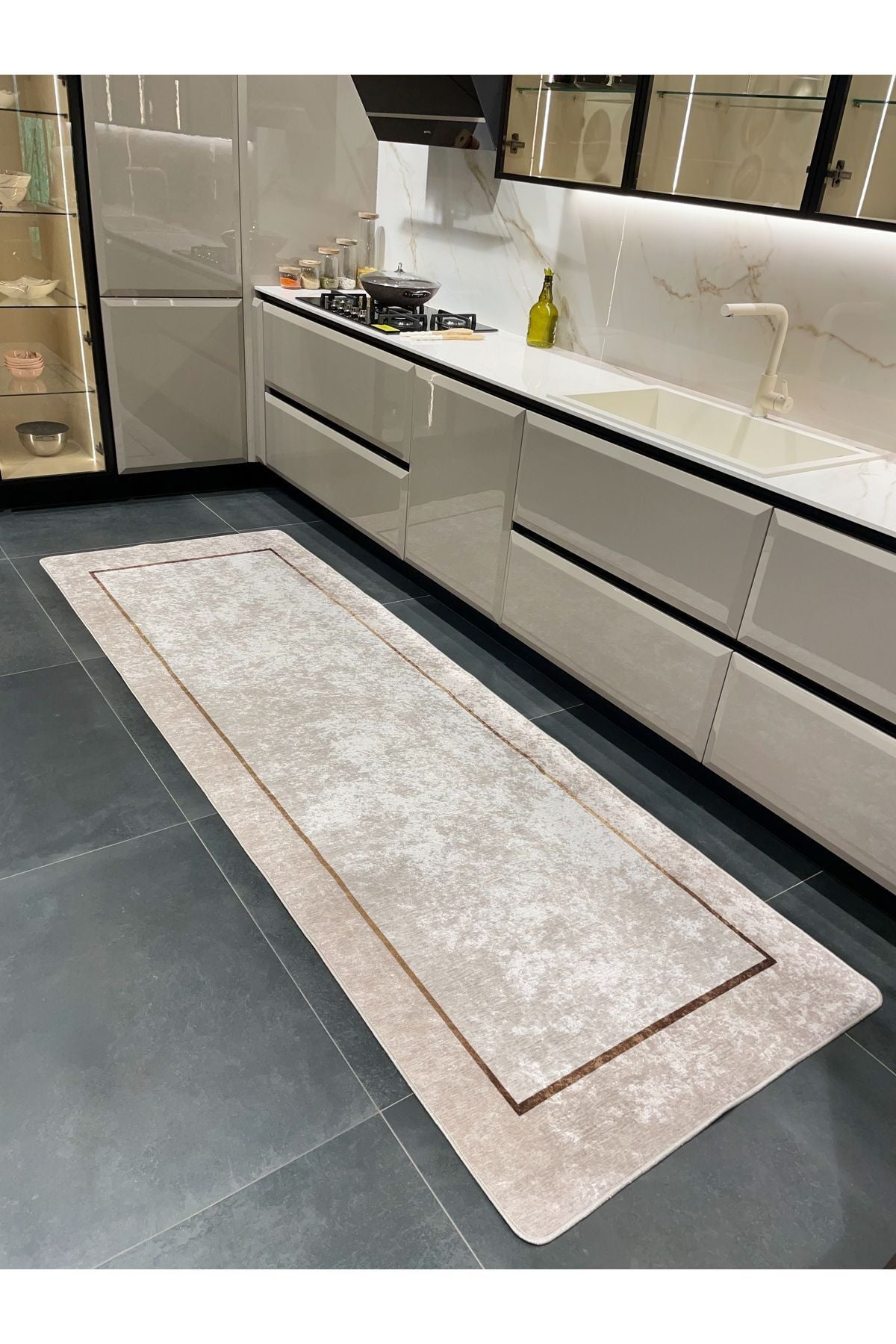 100x300 Ebat Düz BEJ Renk Lateks Taban Mutfak Halısı