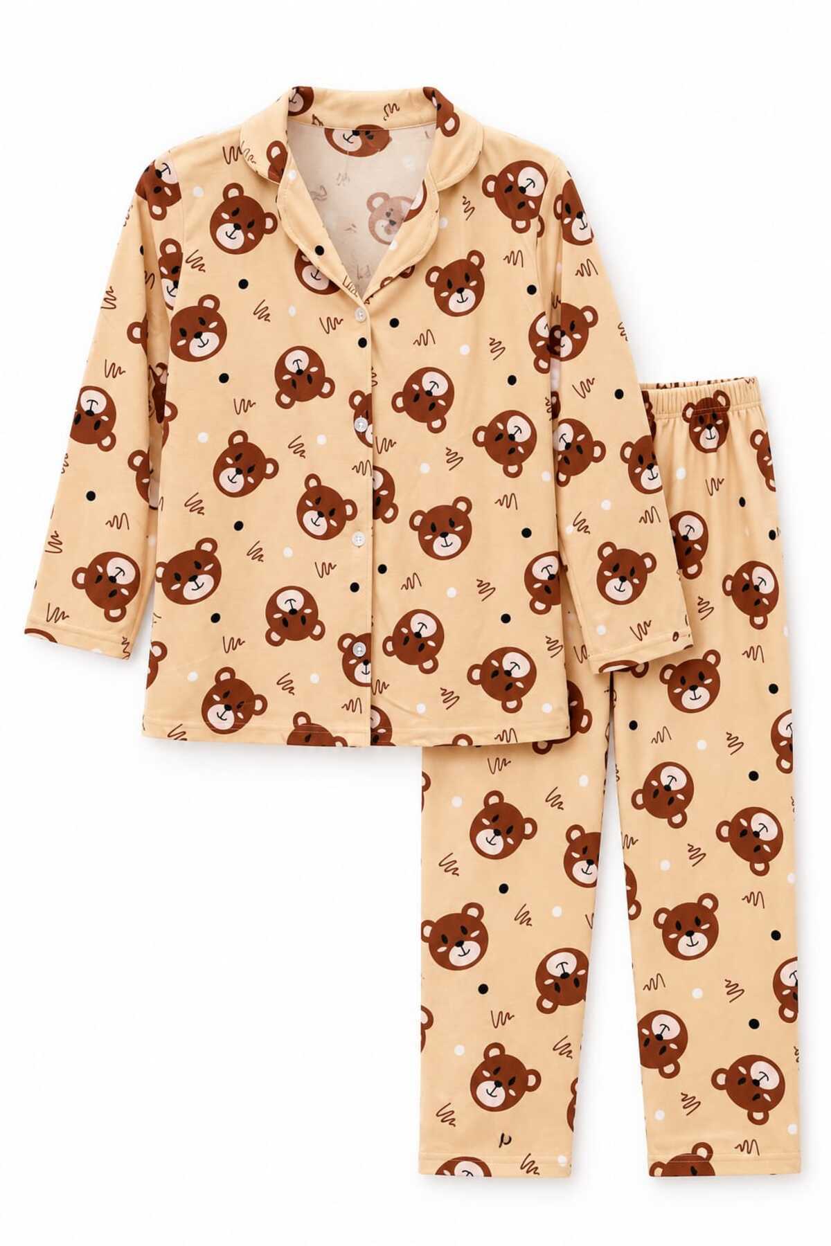 Kız çocuk pamuklu düğmeli uzun kollu pijama takımı