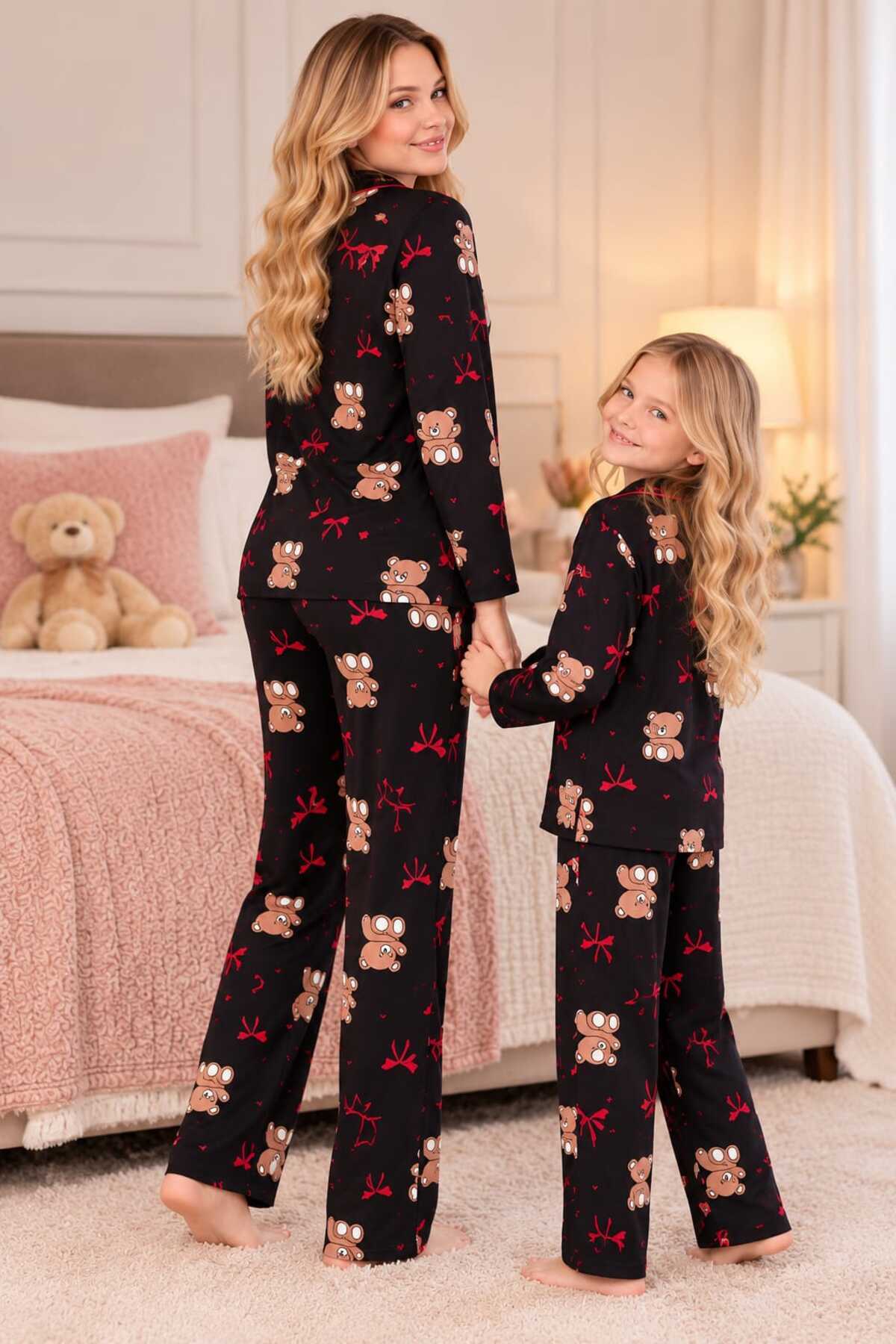 Anne kız kombin uzun kollu düğmeli siyah renk süet pijama takımı (tek takım fiyatıdır)