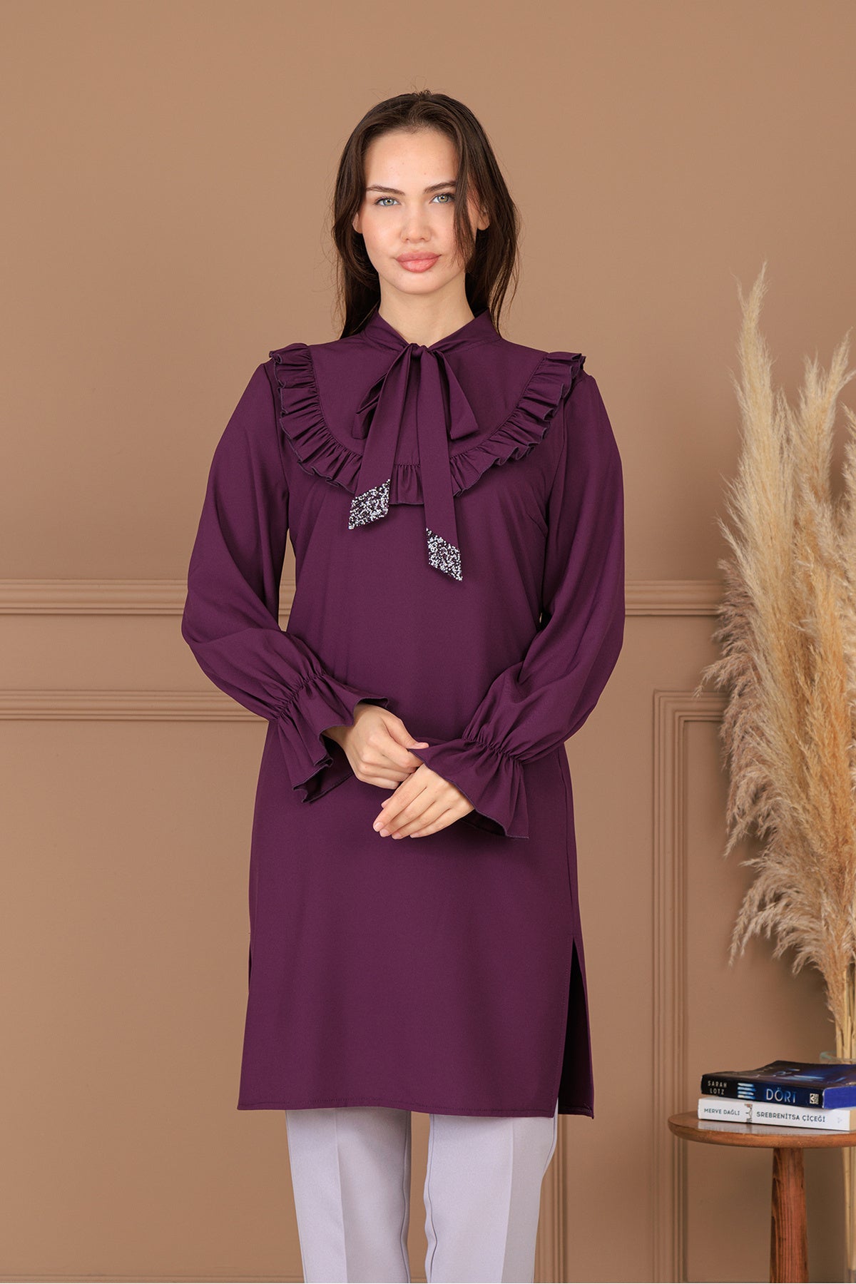 Azel Tesettür Tunik Pantolon İkili Takım, Taş Detaylı, Kravatlı, Yırtmaçlı