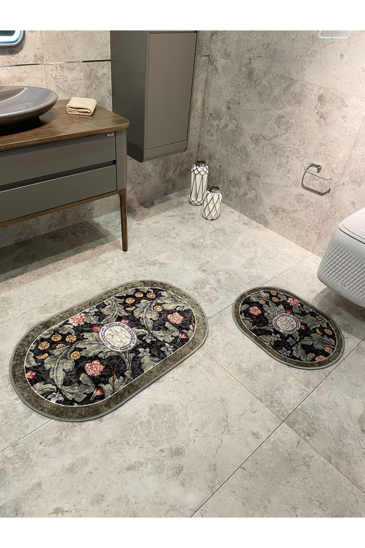 2 li Çiçek Desenli 60x100 - 60x50 Botanic Lateks Taban Banyo Paspas