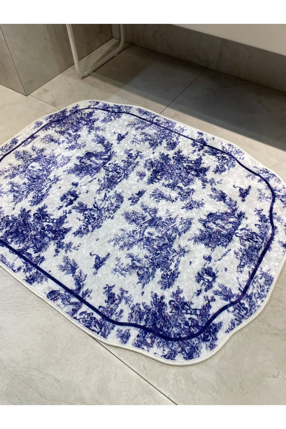 Toile de Jouy Temalı Tekli Lateks Taban Banyo Paspası (80X120)
