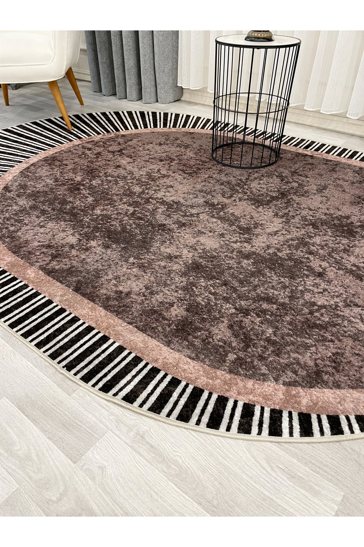 YEŞİL Renk Çizgili Oval Kaymaz Taban Halı