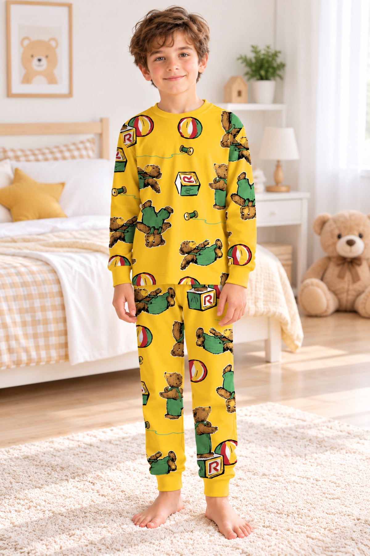 Erkek çocuk %100 pamuklu elmas Kids uzun kollu Pijama takımı