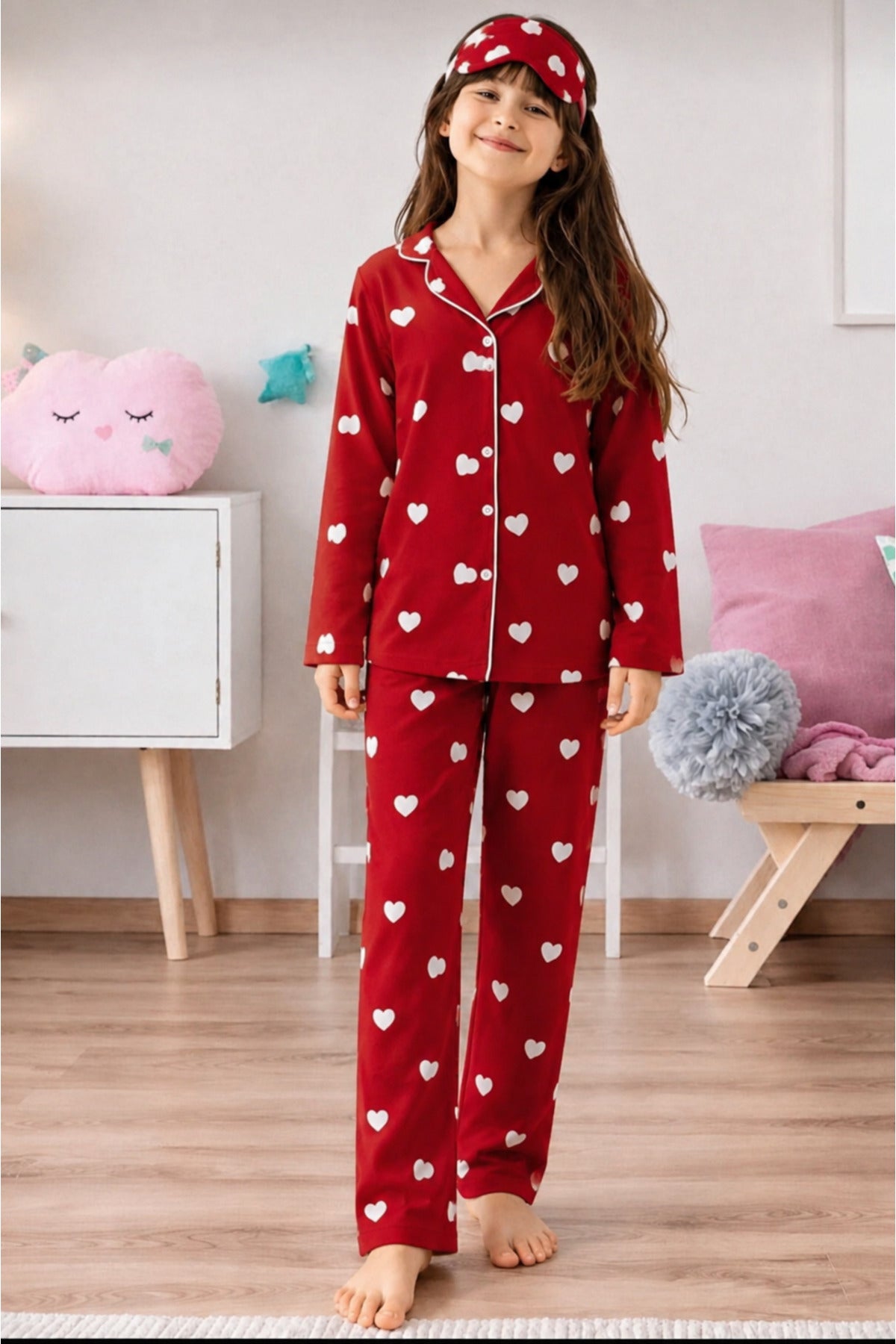 Kız çocuk pamuklu düğmeli uyku bantlı uzun kollu süet pijama takımı