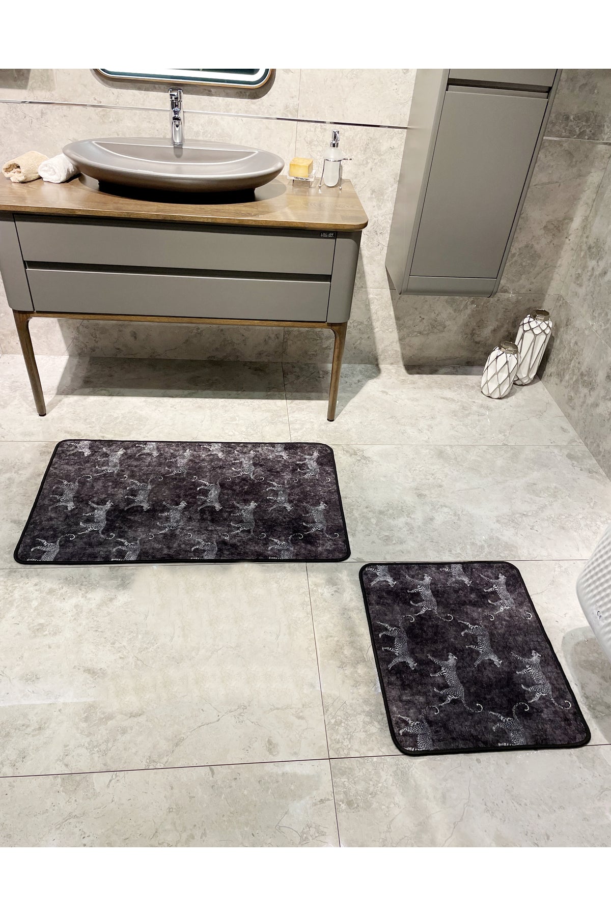 2'li Lateks Deri Taban Banyo Paspas Takımı (60X100 - 60X50) KoyuGri