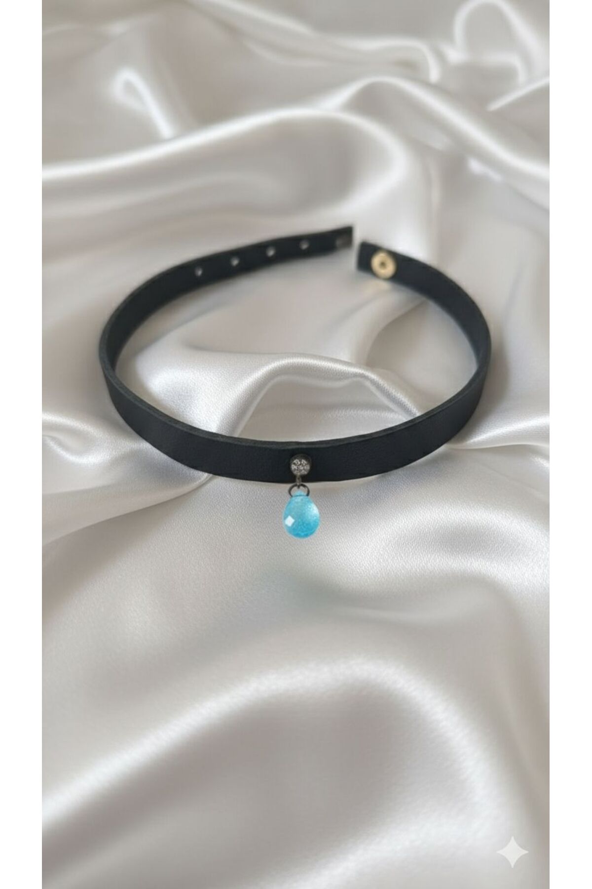 925 Ayar Mor Damla Taş Sallantılı, Deri Choker Kolye