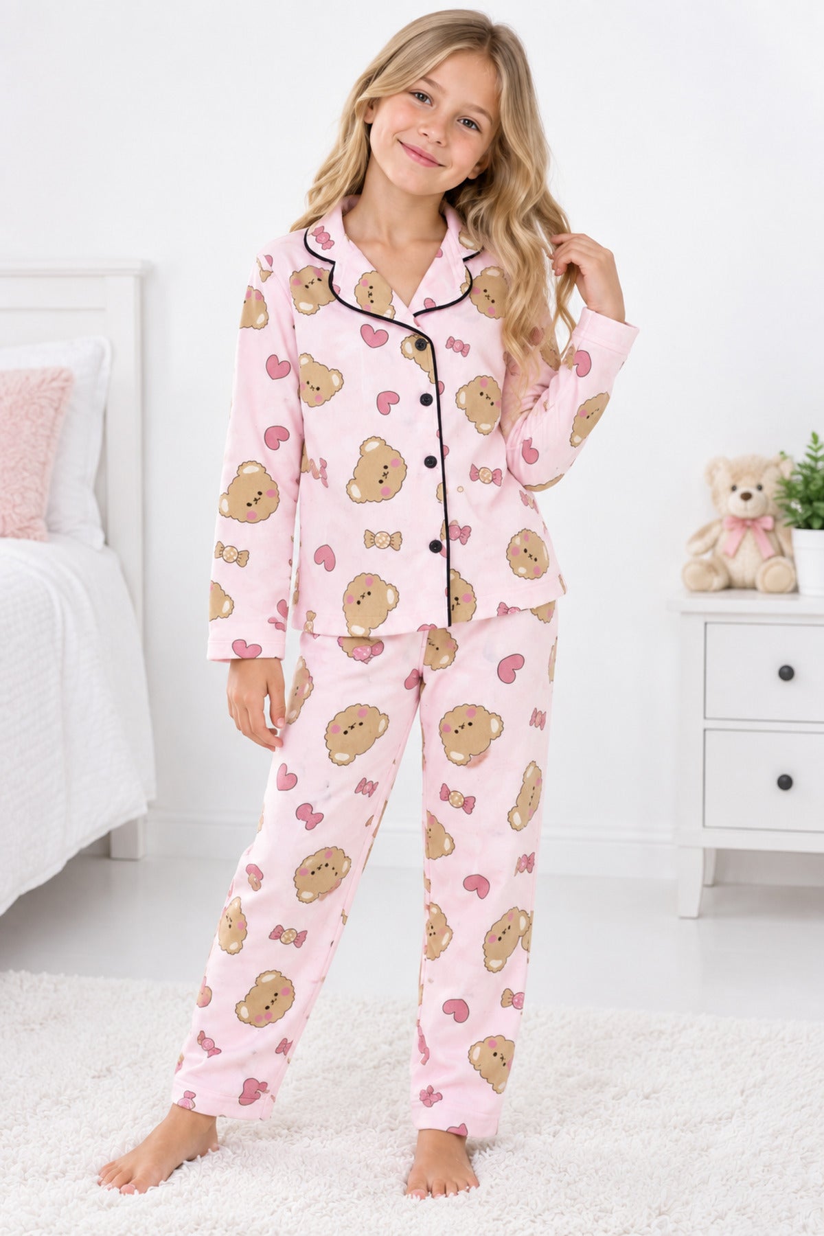 Kız çocuk pamuklu düğmeli Pembe renk uzun kollu pijama takımı