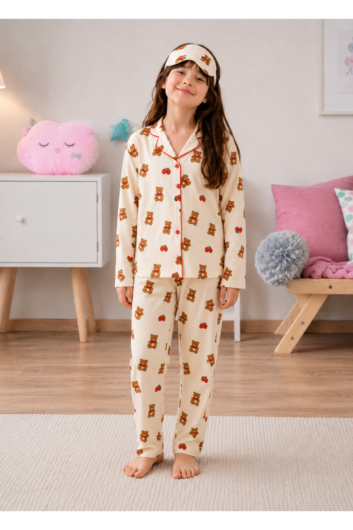 Kız çocuk pamuklu düğmeli ayıcık desenli uzun kollu süet pijama takımı