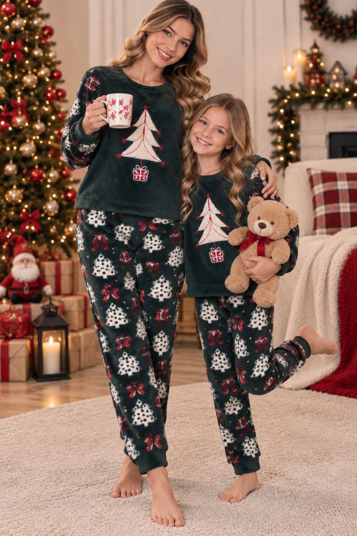 Anne kız kombin pamuklu uzun kollu kışlık pijama takımı (tek takım fiyatıdır)