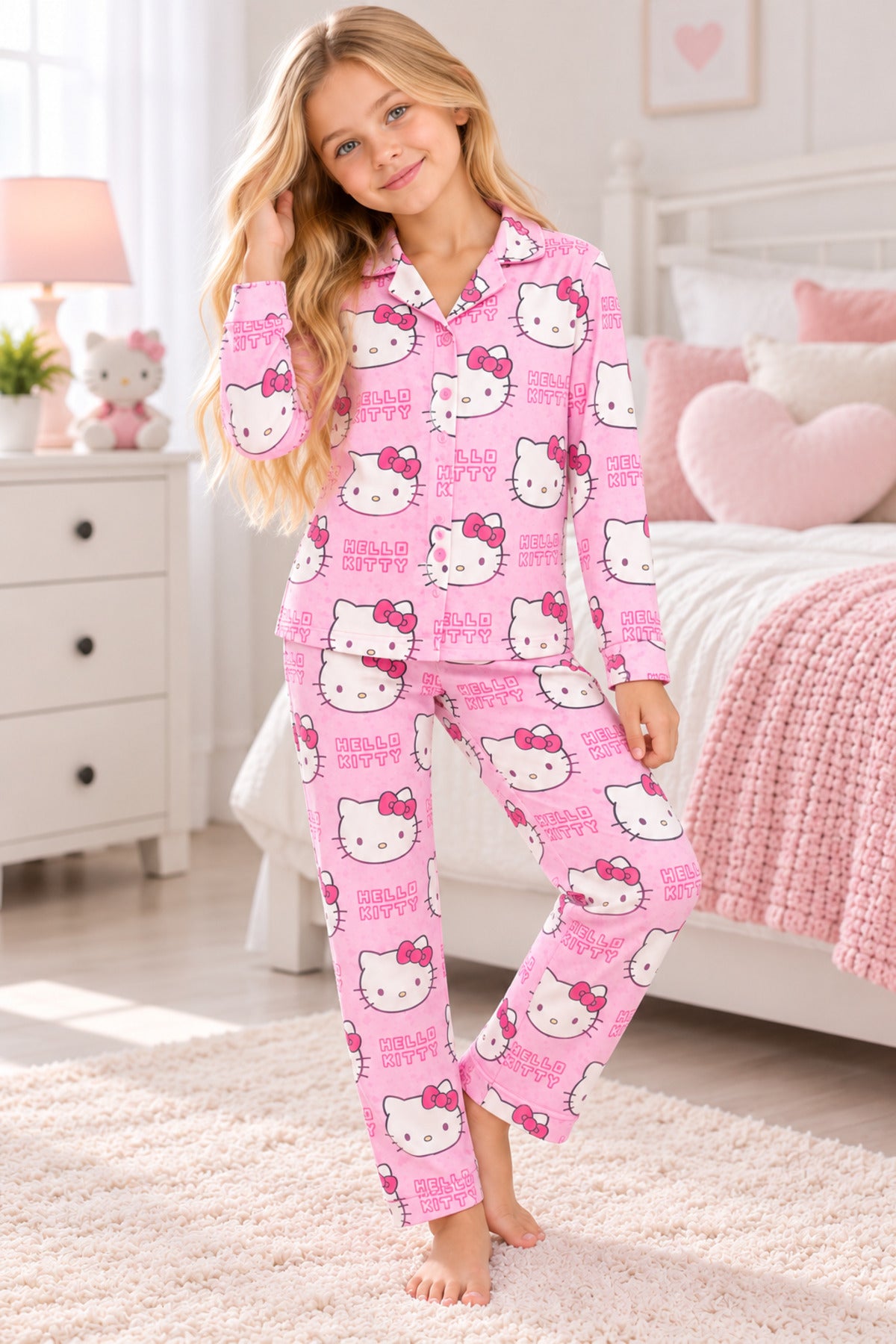 Kız çocuk düğmeli uzun kollu süet pijama takımı