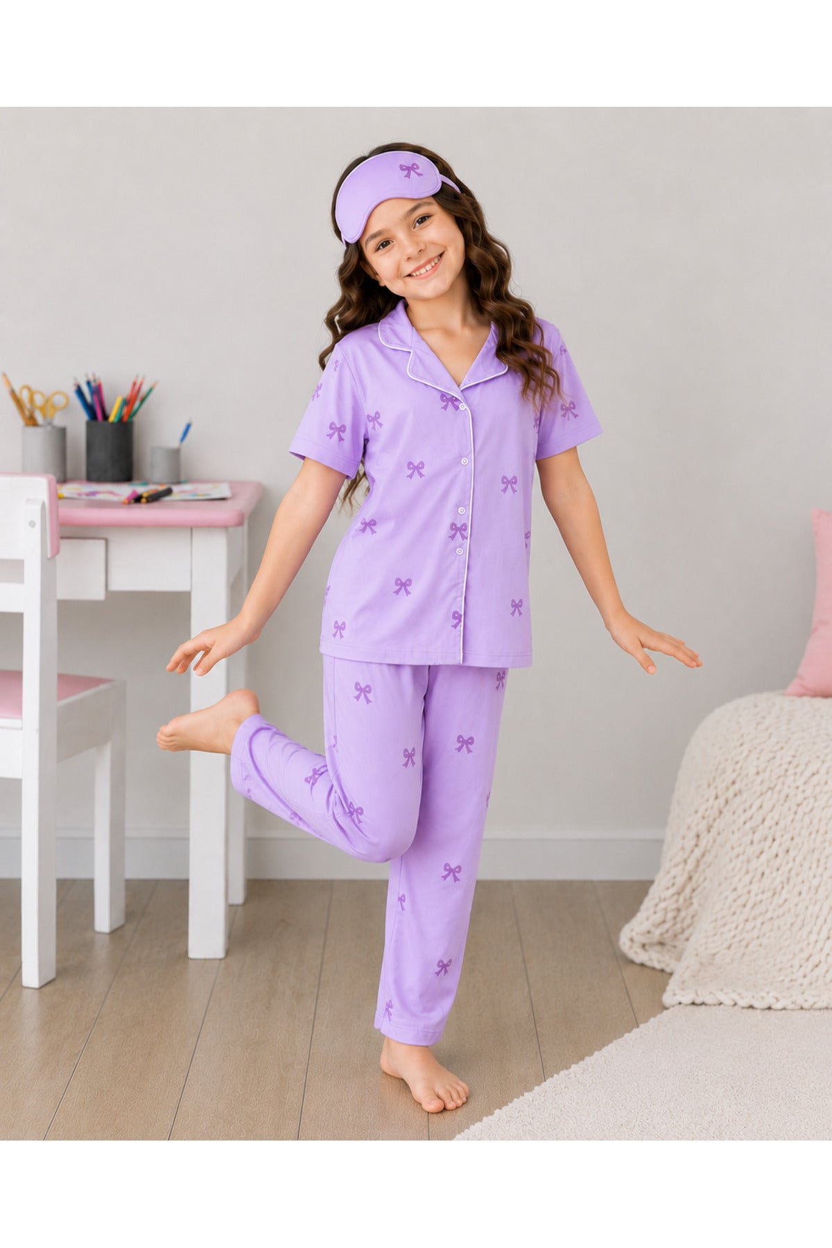 Kız çocuk pamuklu düğmeli yazlık kısa kollu pijama takımı