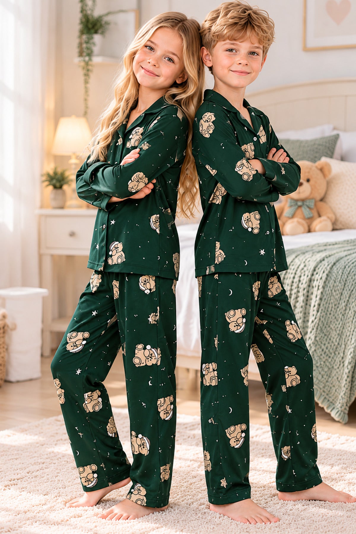 Kız ve erkek çocuk unisex model uzun kollu düğmeli süet pijama takımı