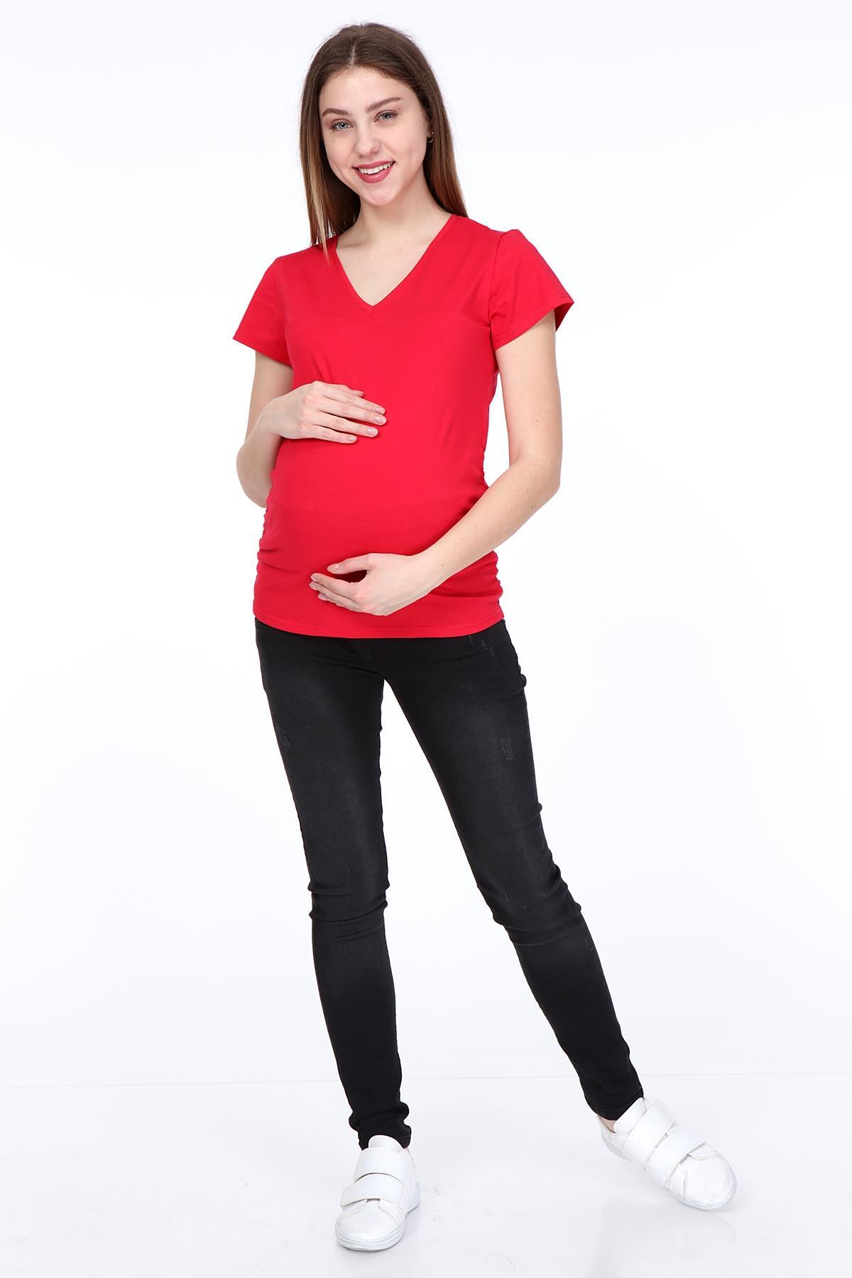 3158-v Yaka Kısa Kol Hamile T-Shirt