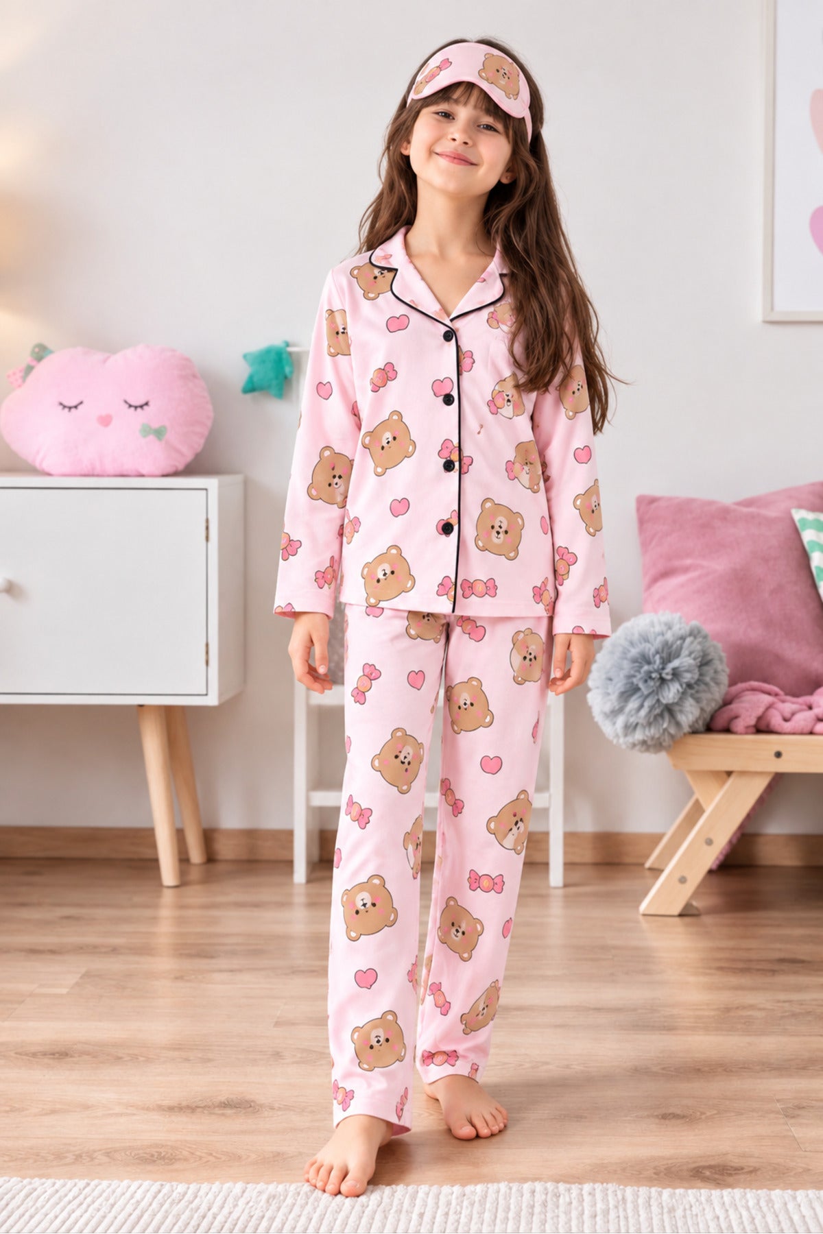 Kız çocuk pamuklu düğmeli uzun kollu süet sevimli ayıcık desenli pijama takımı
