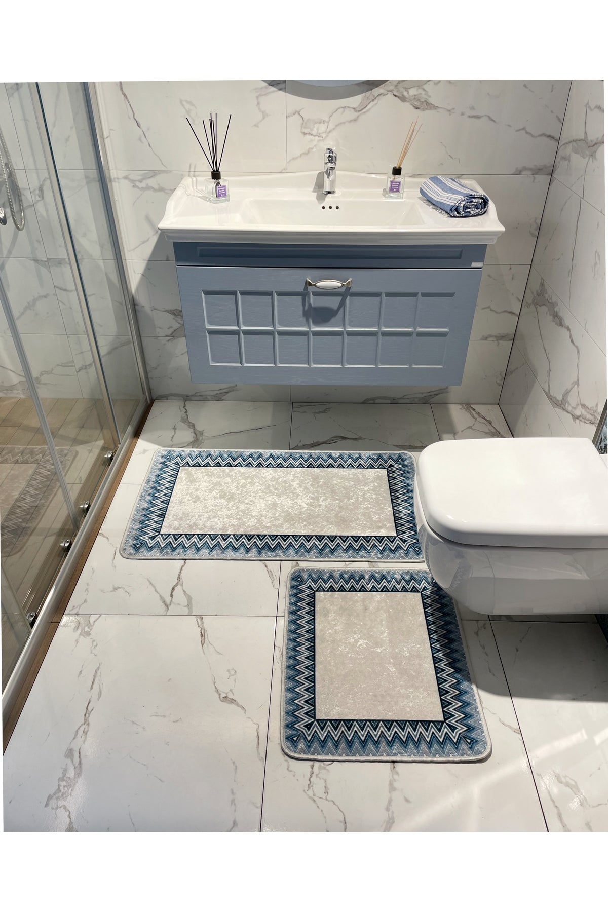 Mint Yeşil - Zigzag Desenli Deri Taban 2 li Banyo Paspas (60x100 - 60x50)