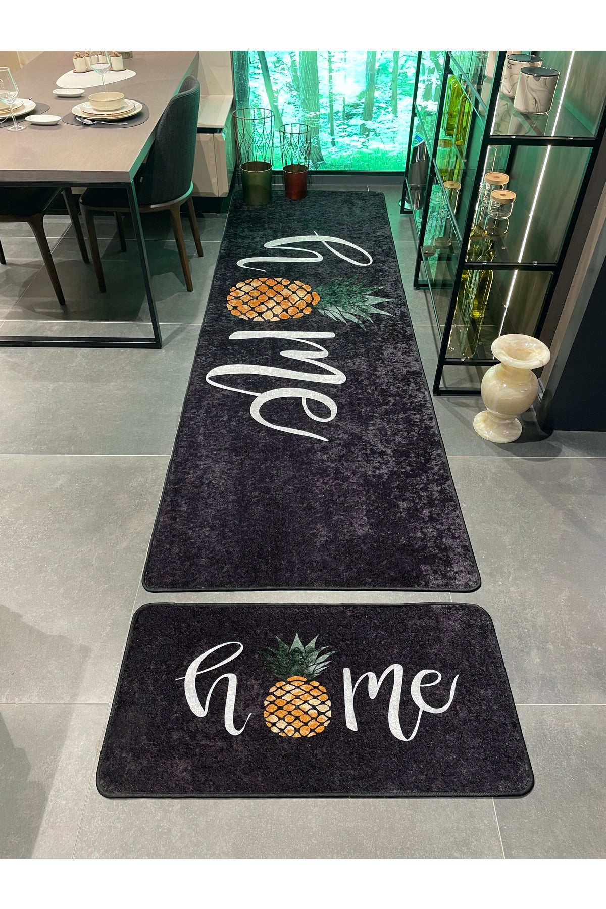 Home Desenli Lateks Deri Taban Mutfak Halısı - SİYAH
