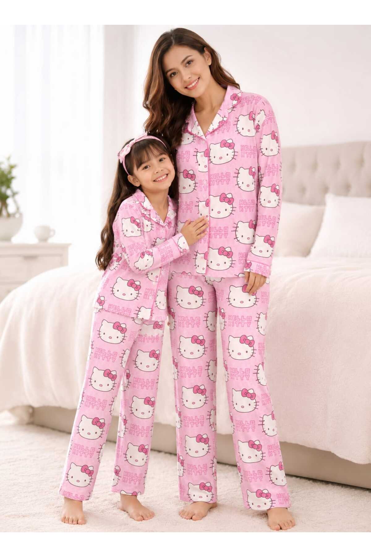 Anne kız pamuklu düğmeli uzun kollu kombin pijama takımı (tek takım fiyatıdır)