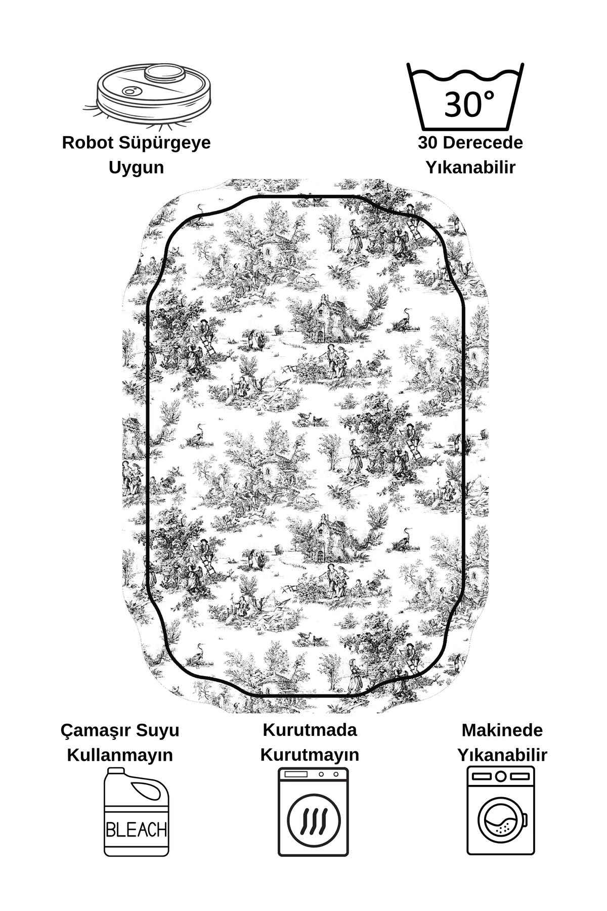 Toile de Jouy Temalı Tekli Lateks Taban Banyo Paspası (80X120)