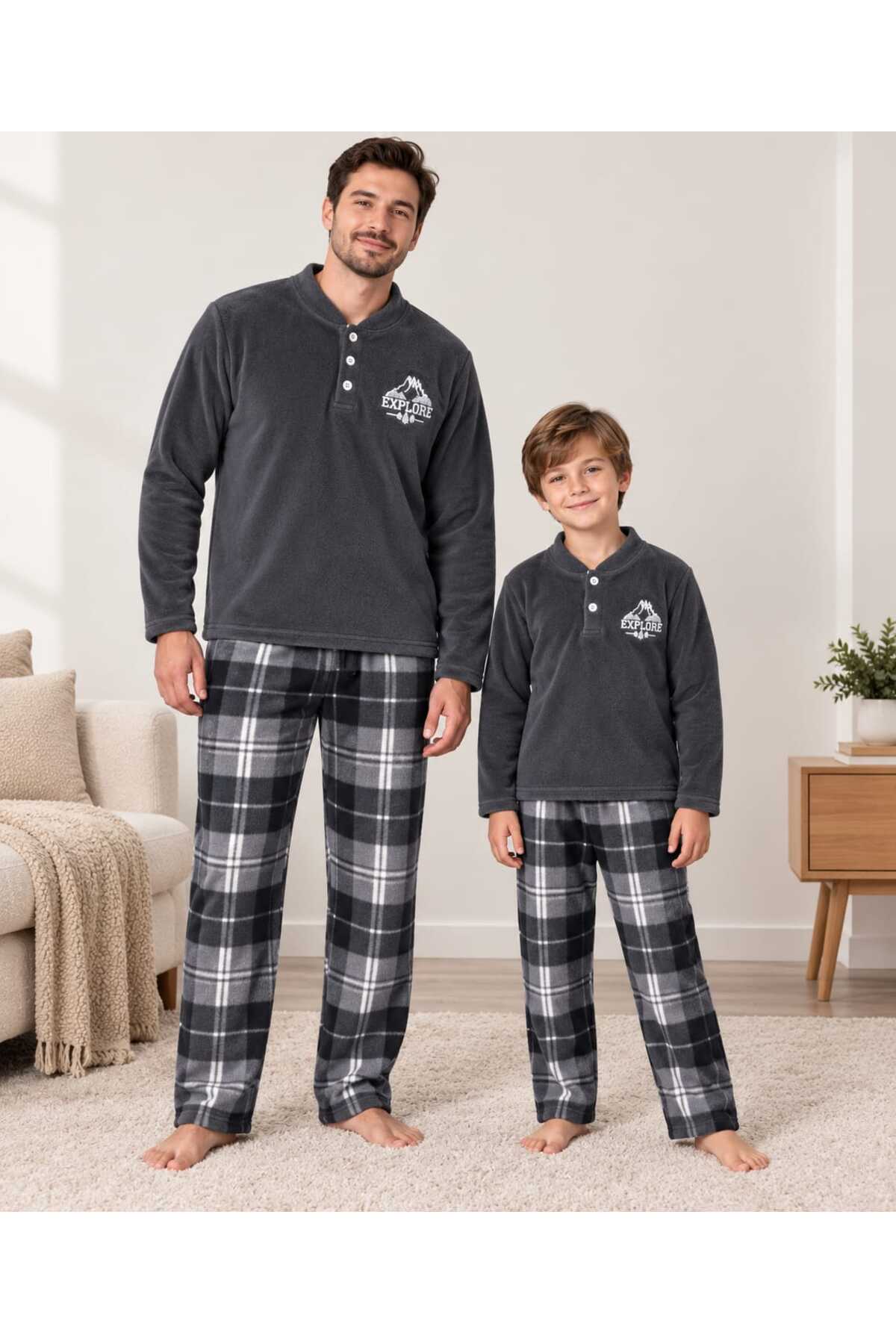 Baba ve erkek çocuk kombin gri renk uzun kollu polar kışlık pijama takımı (tek takım fiyatıdır)
