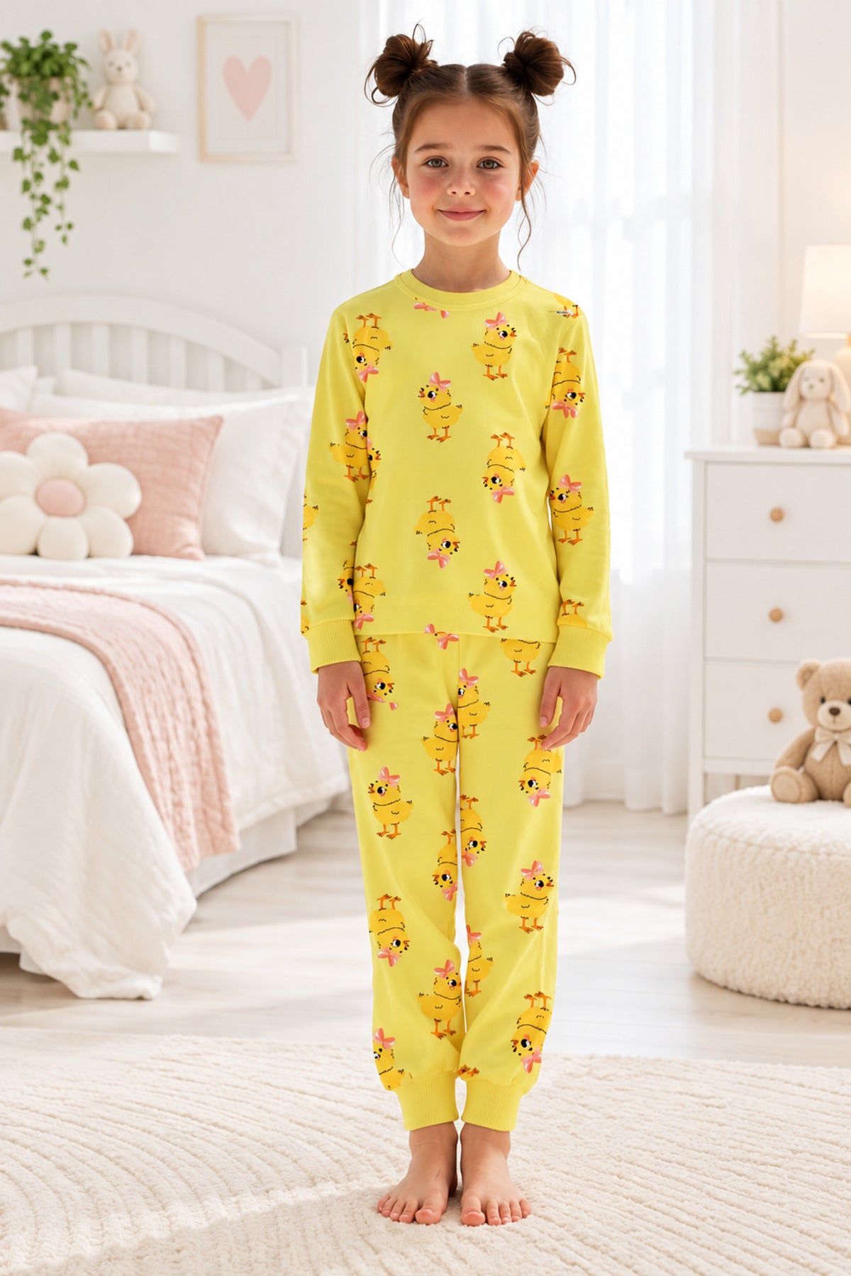 Kız çocuk %100 pamuklu elmas kids sevimli civciv desenli uzun kollu pijama takımı