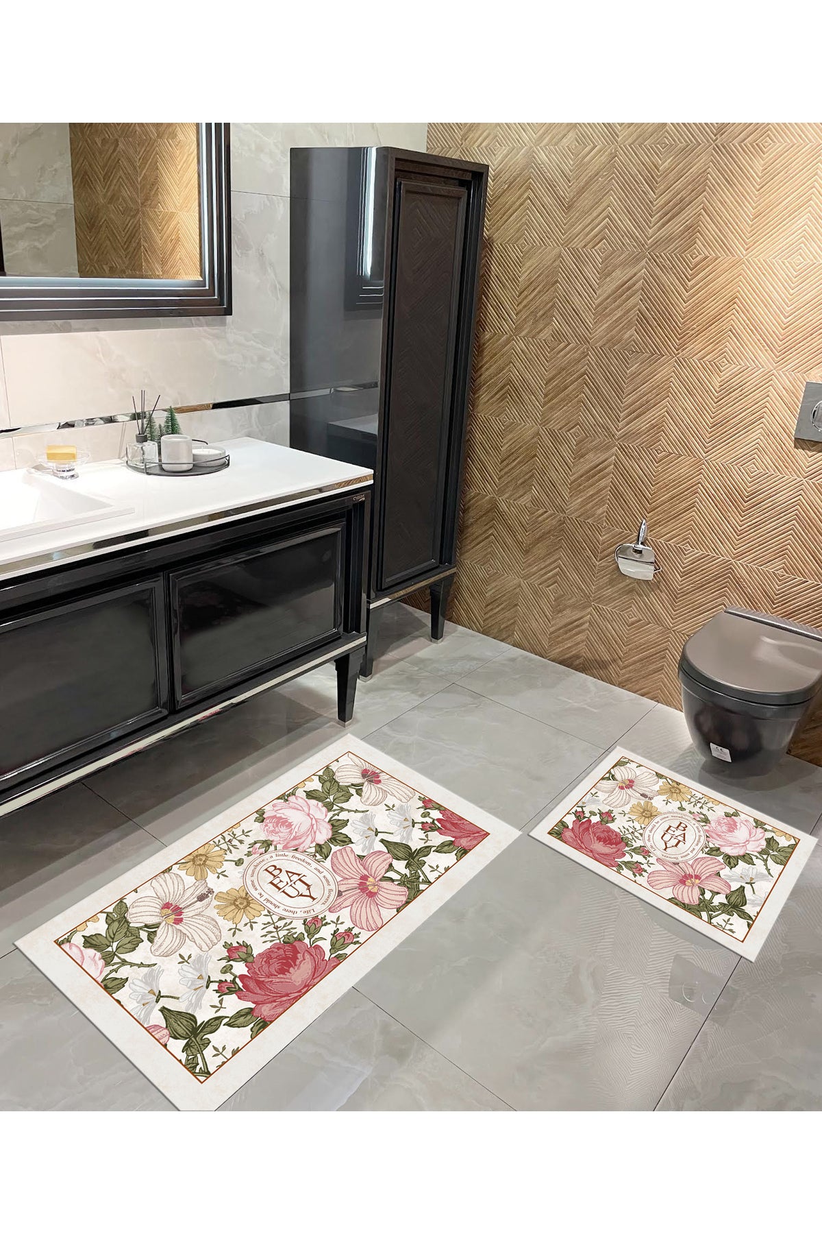 2 li Çiçek Desenli 60x100 - 60x50 Beauty Lateks Taban Banyo Paspas