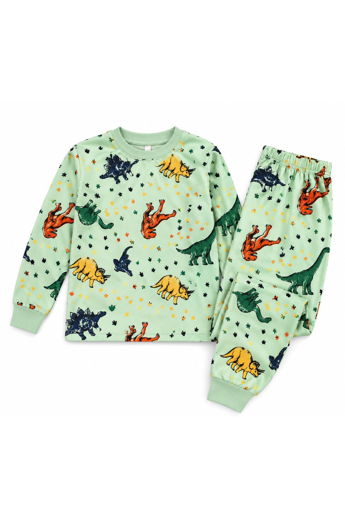 Erkek çocuk %100 pamuklu yeşil dinozor desenli uzun kollu pijama takımı