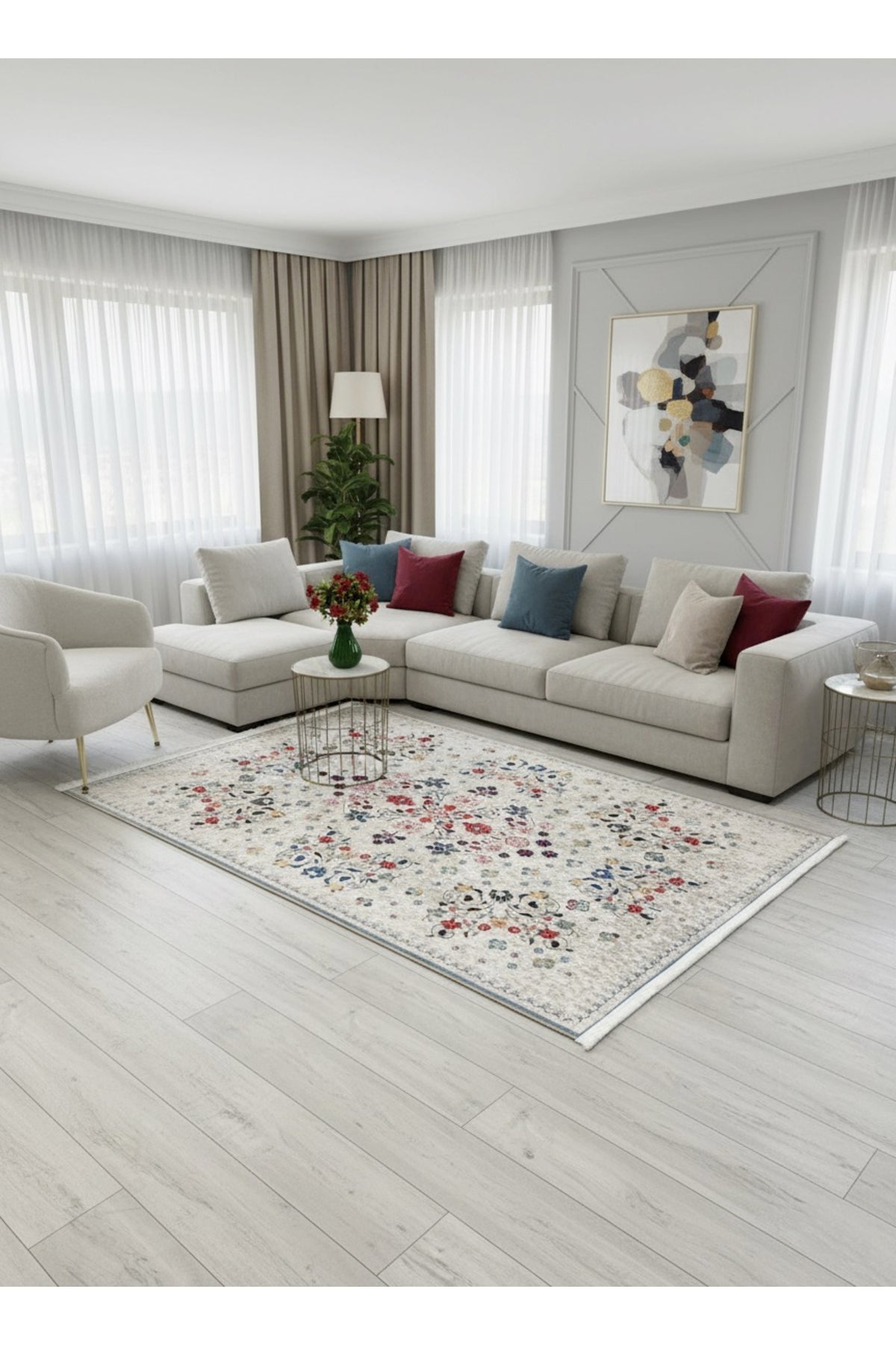 BEJ Renk Çiçek Desenli Vintage Lateks Taban Halı
