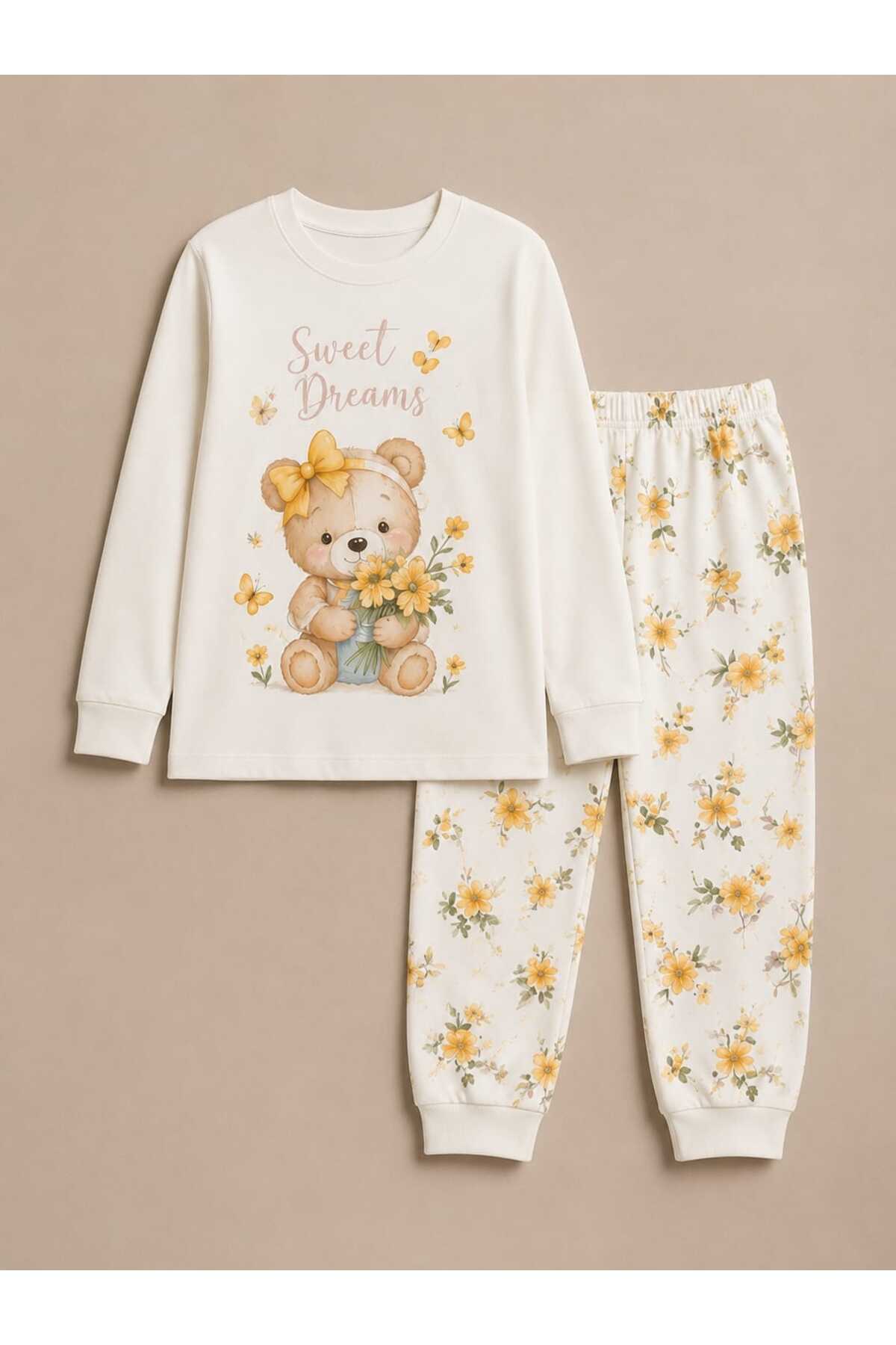 Kız çocuk ayıcık ve çiçek desenli %100 pamuklu uzun kollu pijama takımı