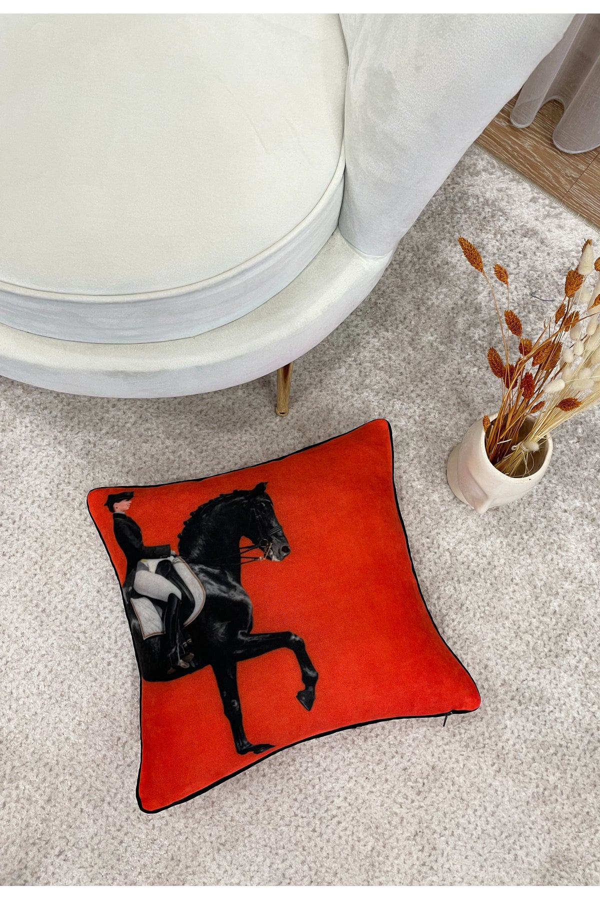 At Desenli Biyeli Kırlent Kılıfı 45x45 - TURUNCU