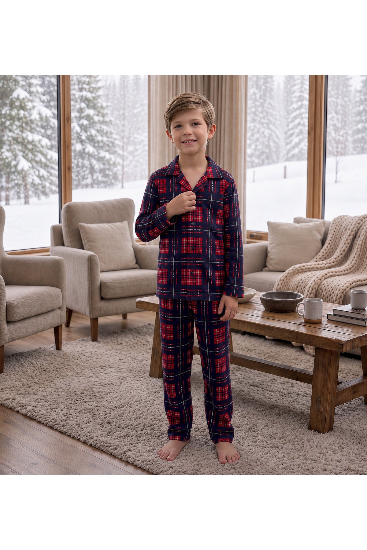 Erkek çocuk pamuklu ekose desenli düğmeli uzun kollu yumuşacık pijama takımı