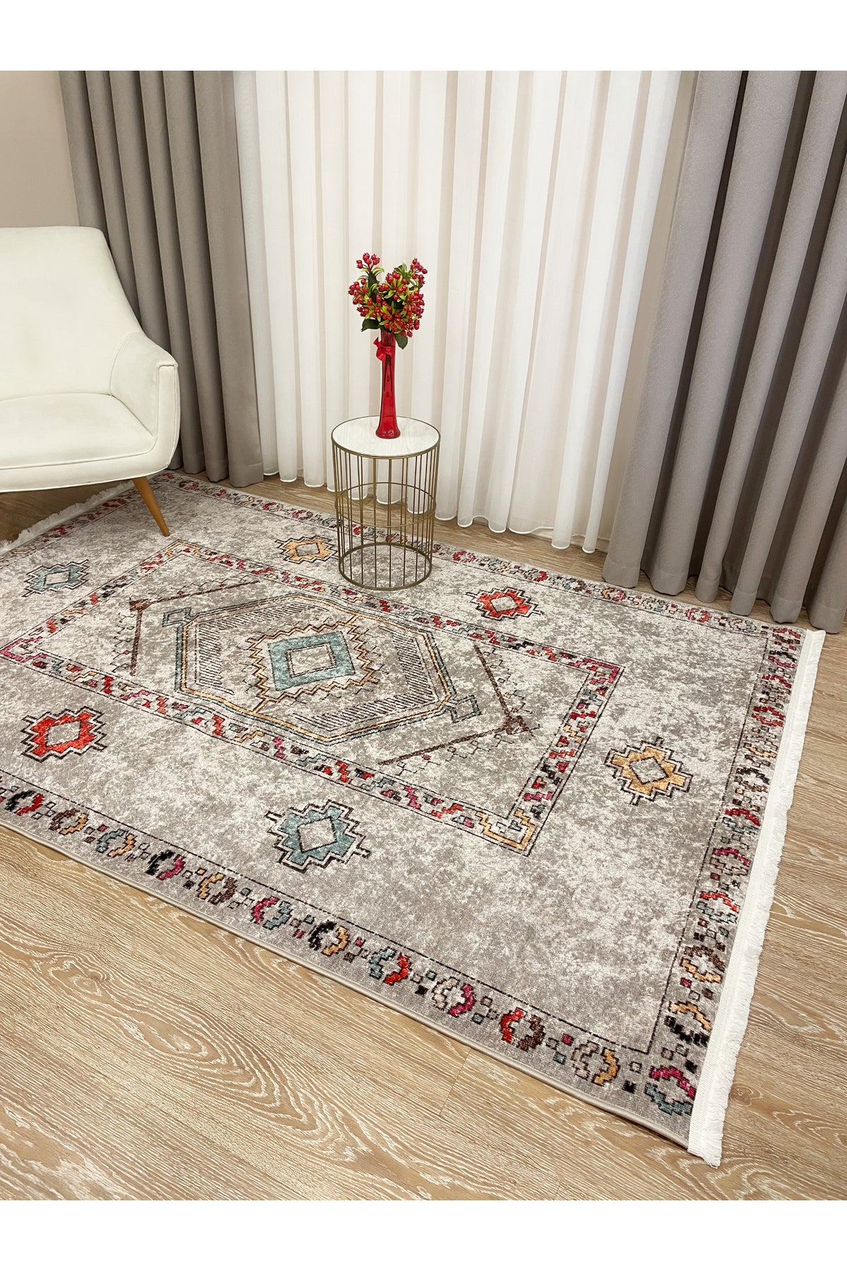 BEJ Renk Etnik Kilim Desen Yolluk Kaymaz Taban Halı