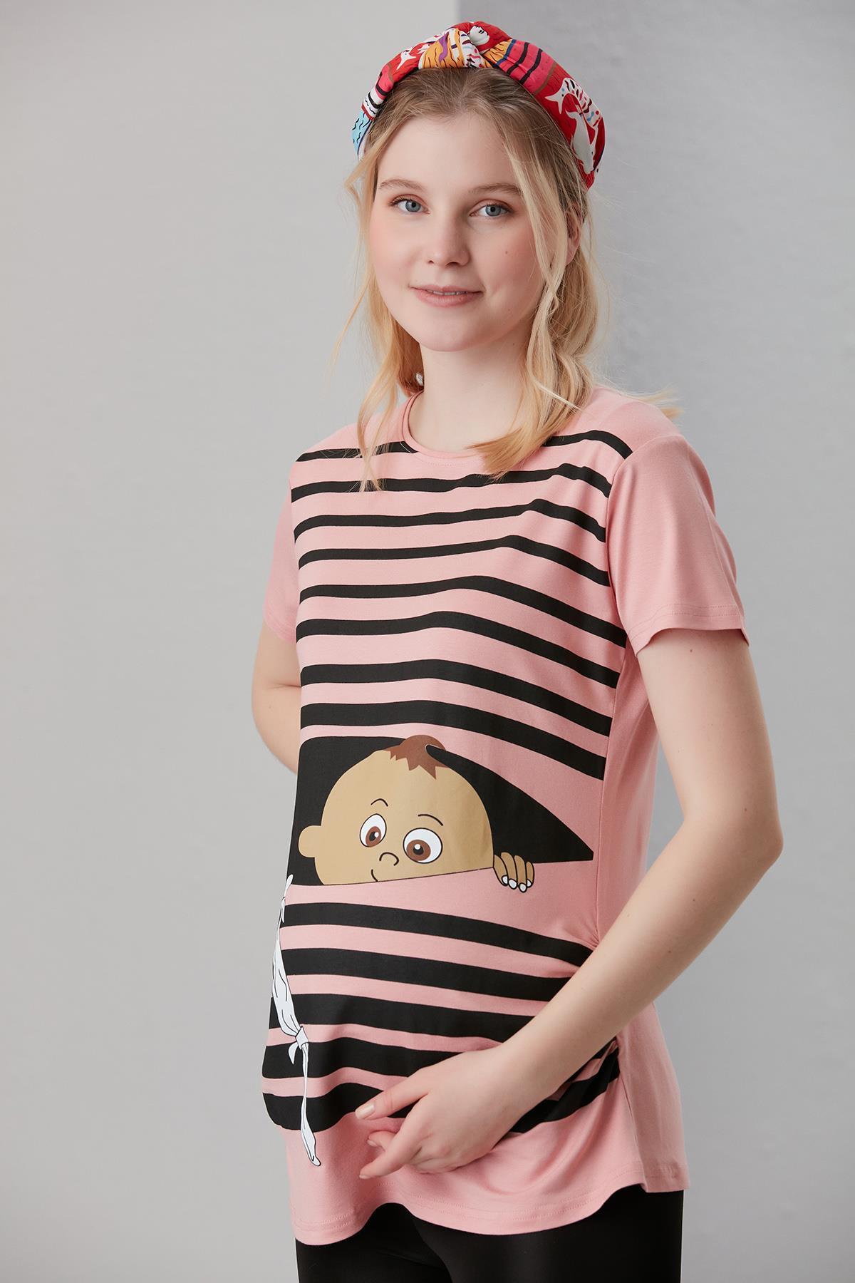 4505-kurnaz Kaçış Viskon Hamile Kısa Kol T-shirt