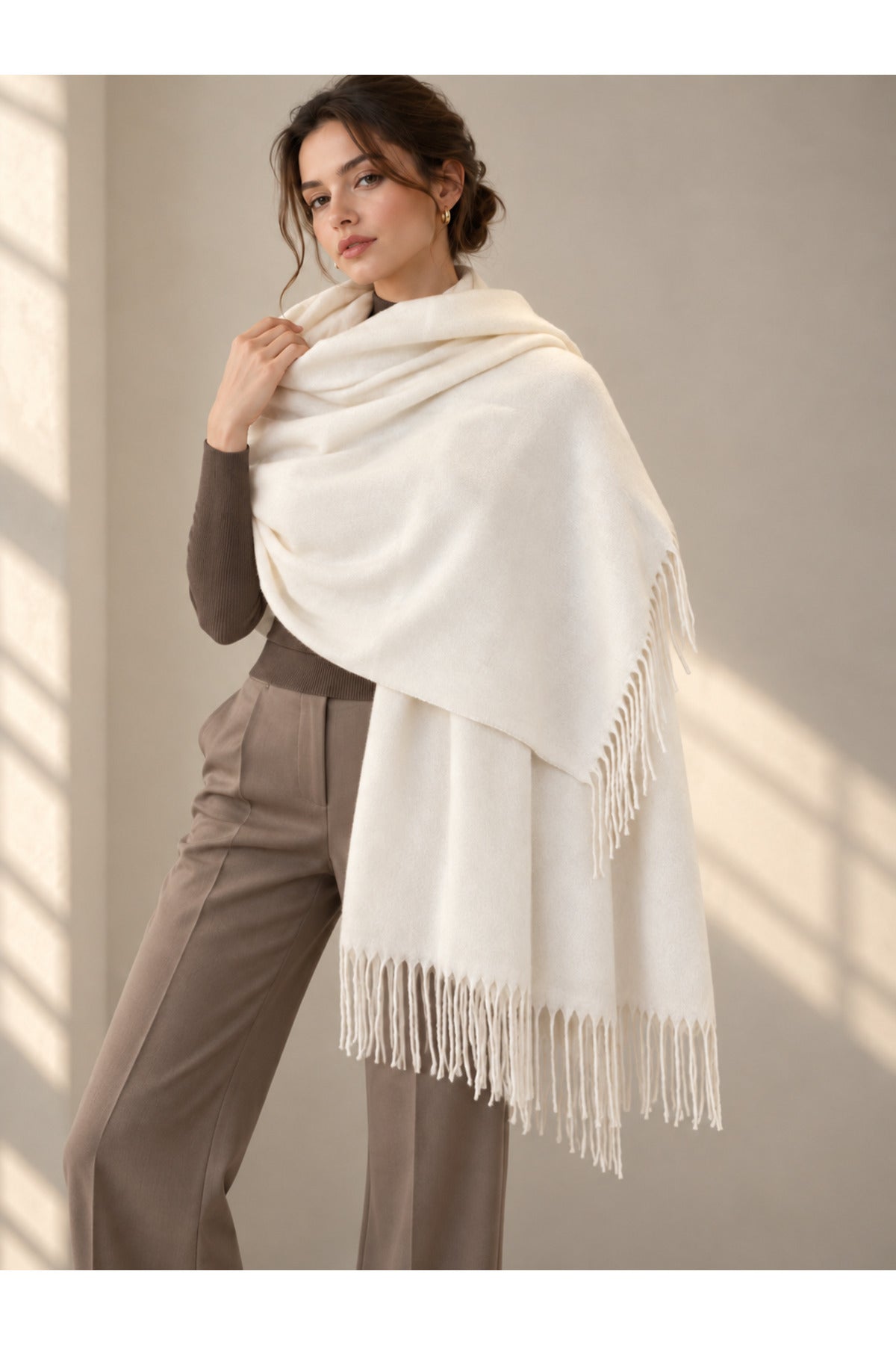 Bej Püsküllü Kaşmir Atkı Şal 70x185 cm SAL1337