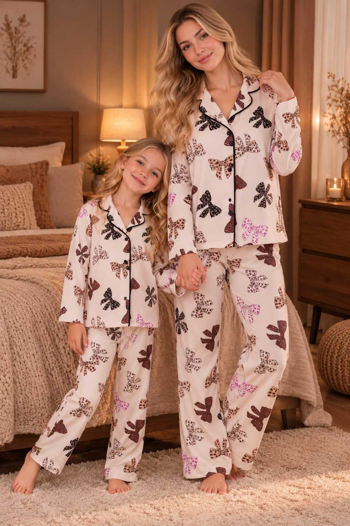 Anne ve kız çocuk kombin uzun kollu düğmeli süet bej renk pijama takımı ( tek takım fiyatıdır)