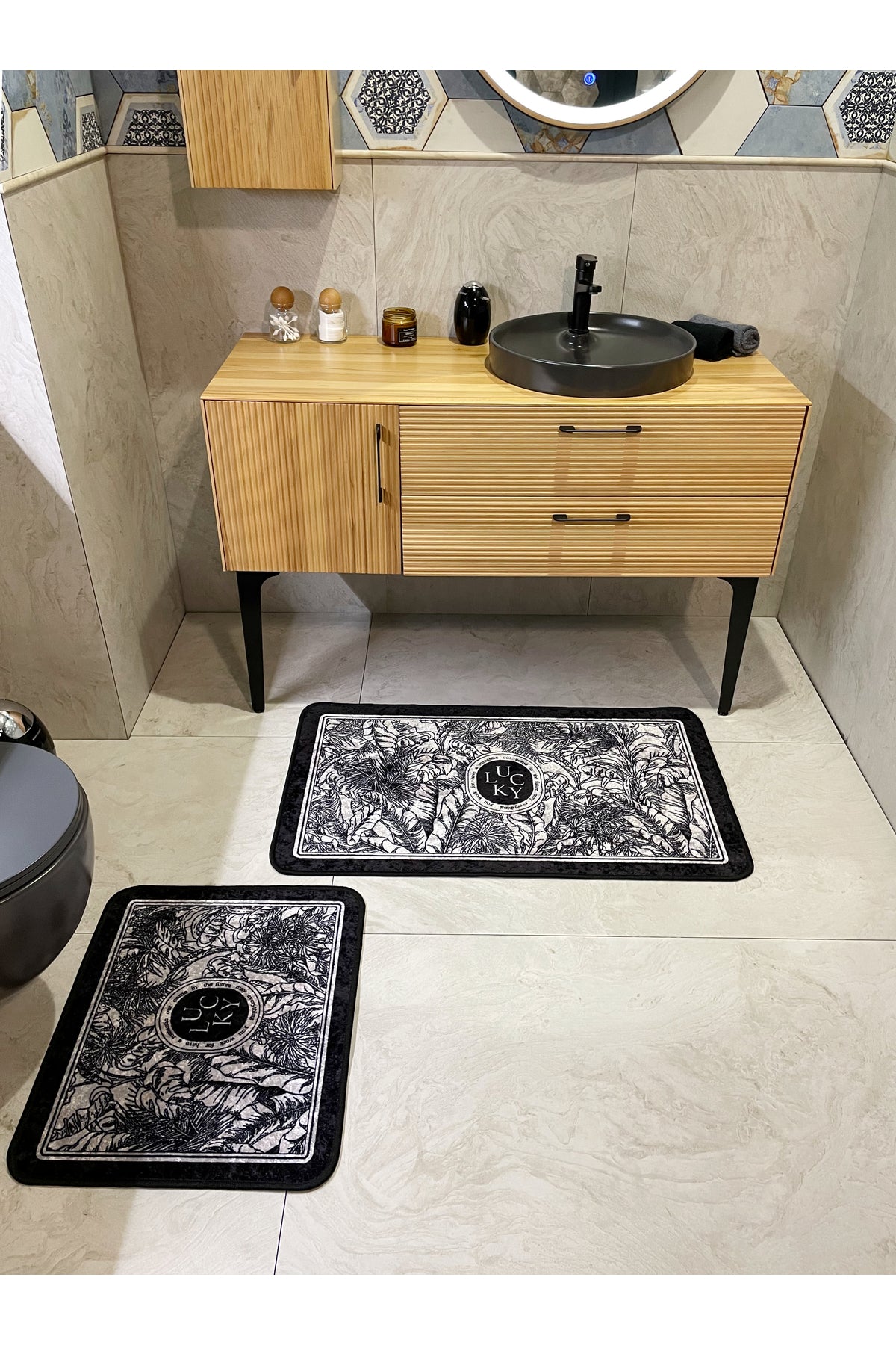 2 li Çiçek Desenli 60x100 - 60x50 Lucky Lateks Taban Banyo Paspas