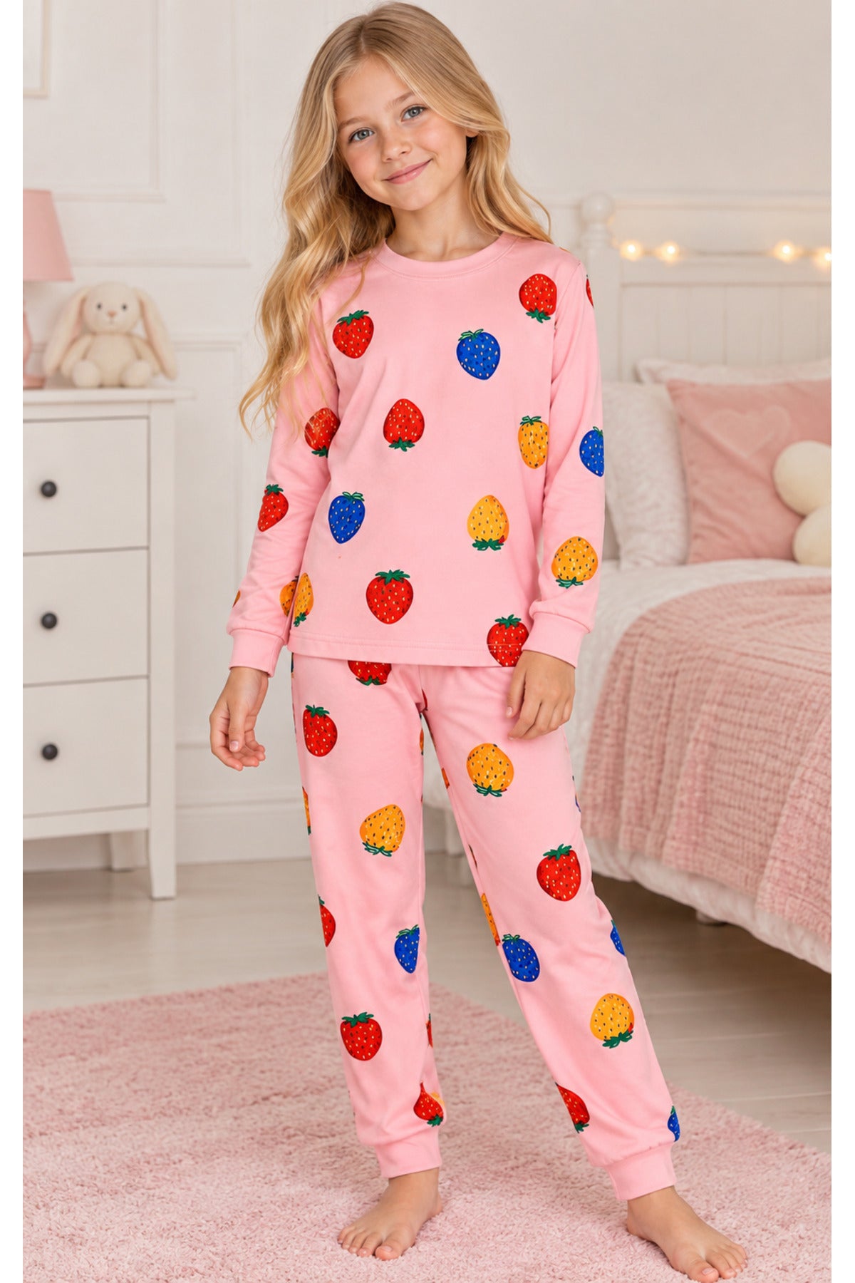 Kız çocuk %100 pamuklu renkli çilek desenli Pembe uzun kollu pijama takımı