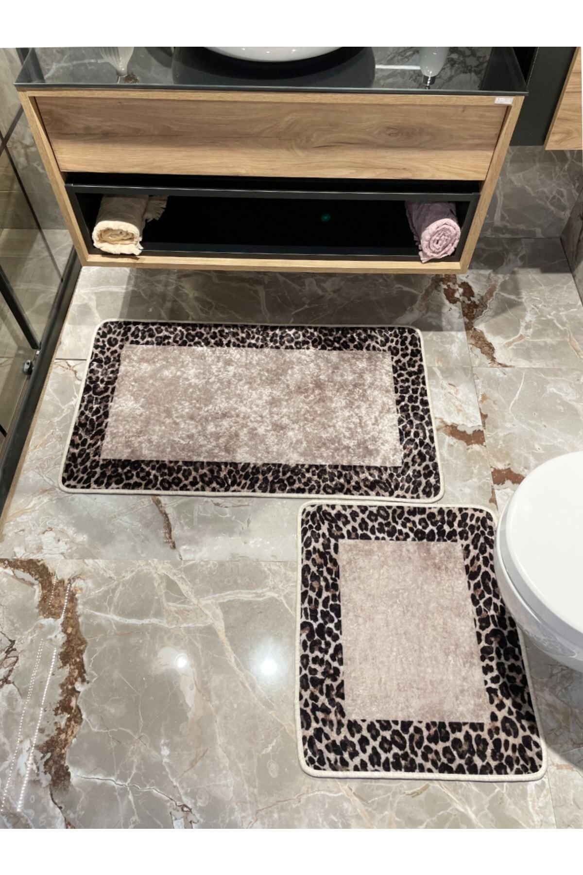 2 'li Leopar Desen Banyo Paspası - Kahverengi Ebat (60X100 - 60X50)
