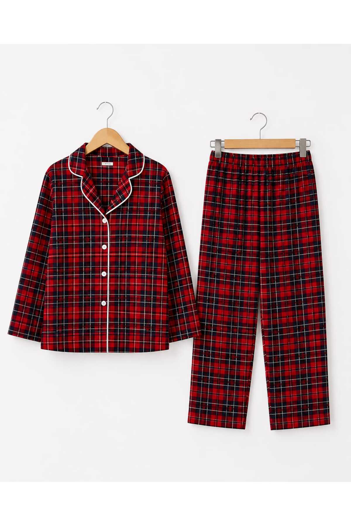 Kız çocuk pamuklu ekose desenli uzun kollu düğmeli pijama takımı