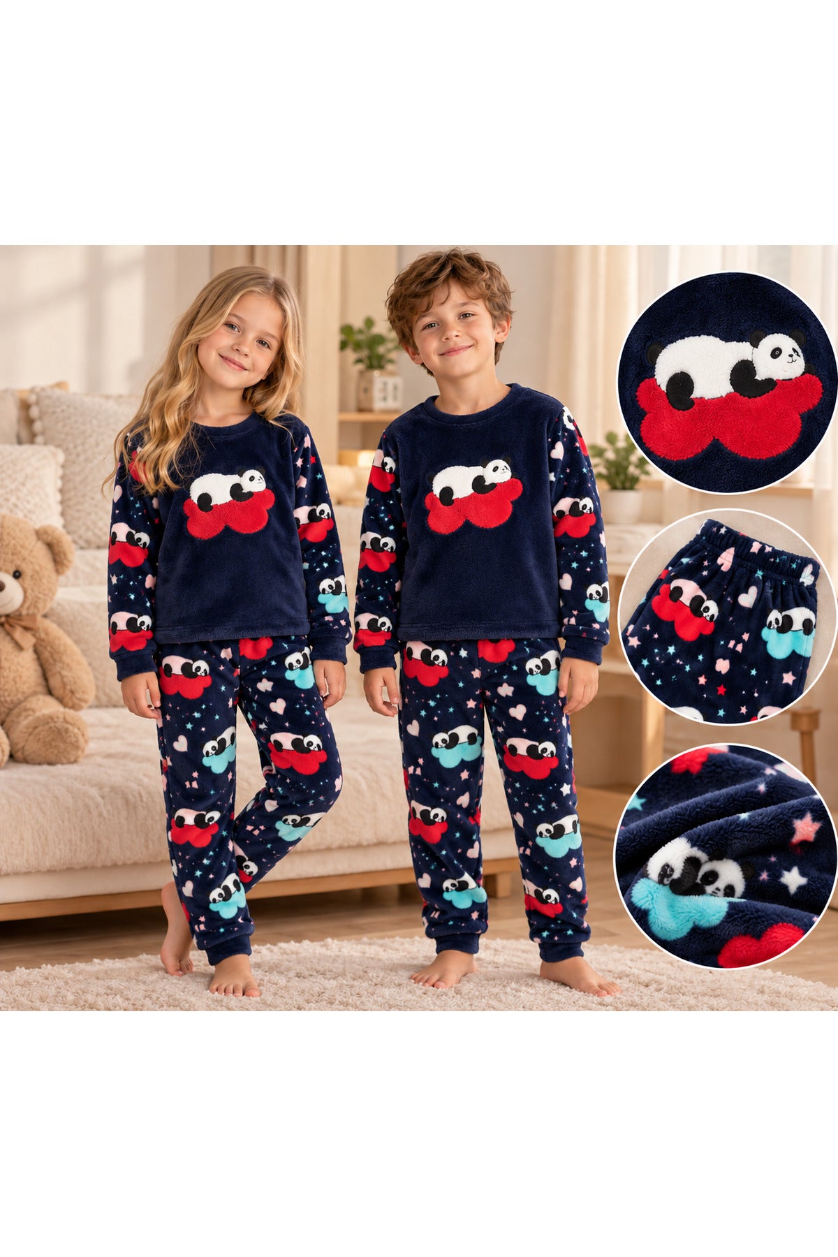 Kız ve erkek çocuk polar kışlık uzun kollu Pijama takımı