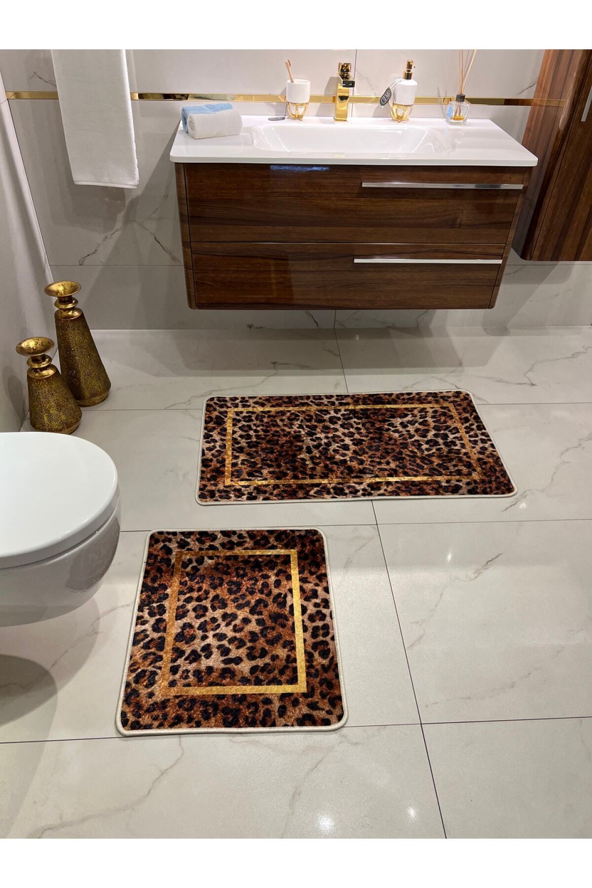Leopar Desenli 2'li Kaymaz Taban Banyo Paspas Takımı (60x100 - 60x50)