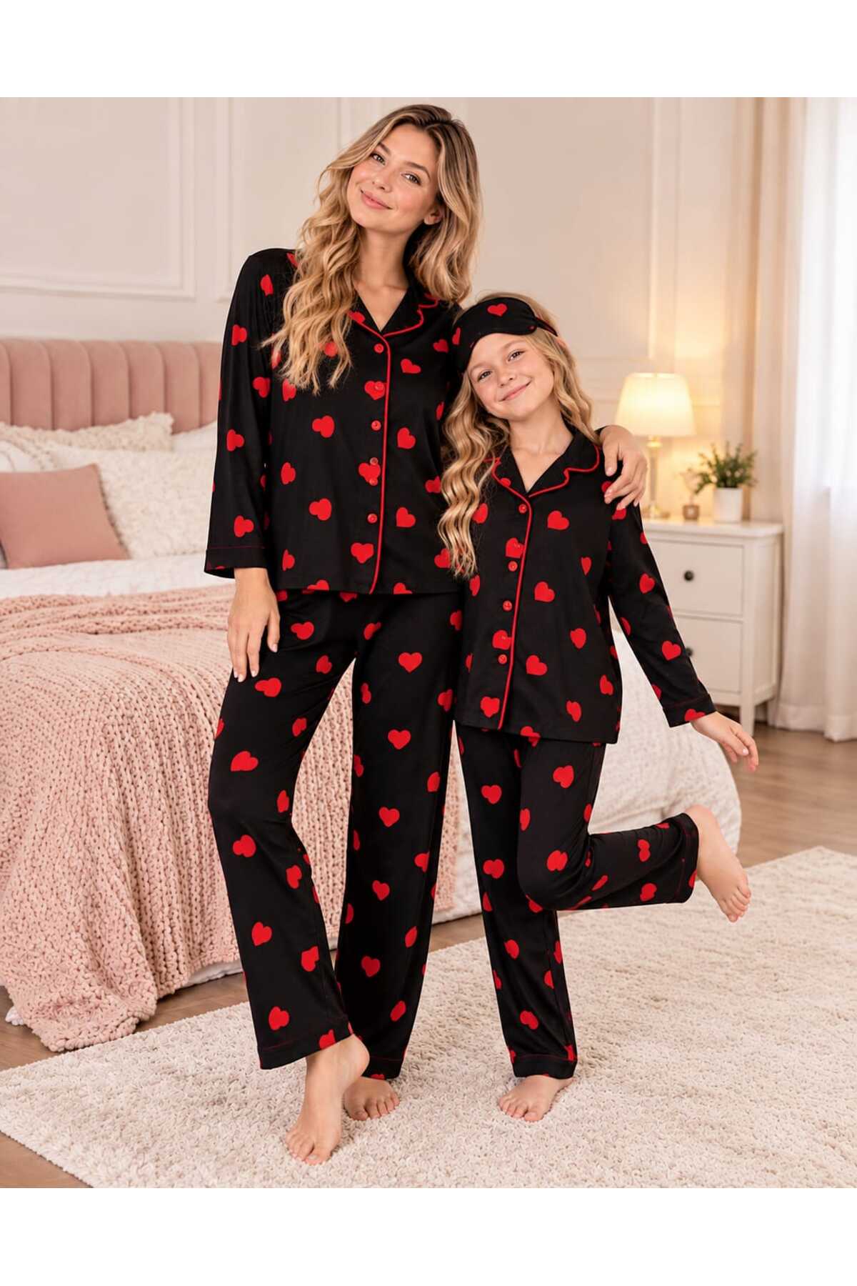 Anne kız pamuklu kalp desenli düğmeli uzun kollu pijama takımı ( tek takım fiyatıdır)